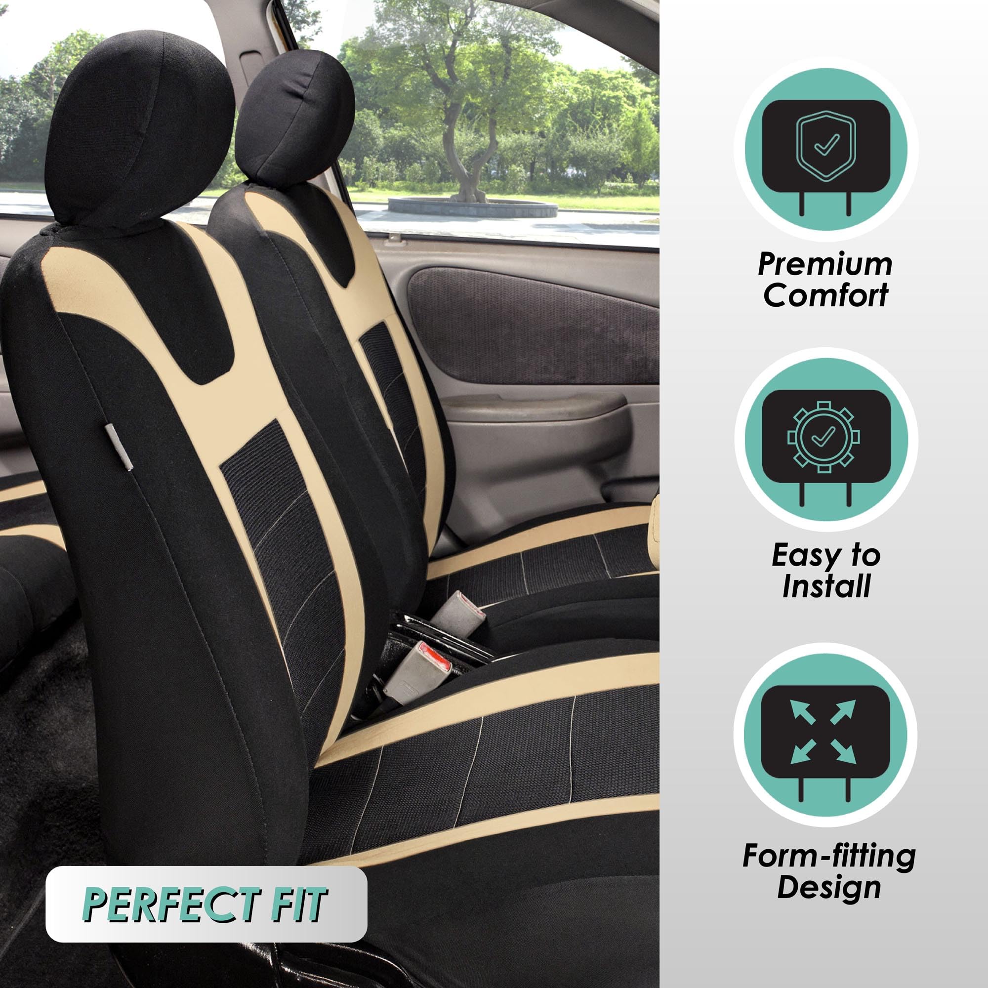 Fh Group Car Seat Covers Sports Seat Covers Front Seats Only, Airbag Compatible Beige Black Automotive Seat Cover Combo Small Ca