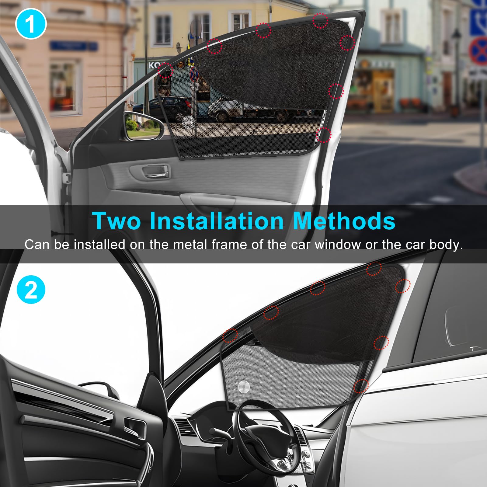 Diza100 Front Window Sun Shade, 2 Pack Half Blackout & Half See-Through Magnetic Car Side Window Sunshades With Fixed Suction Cu