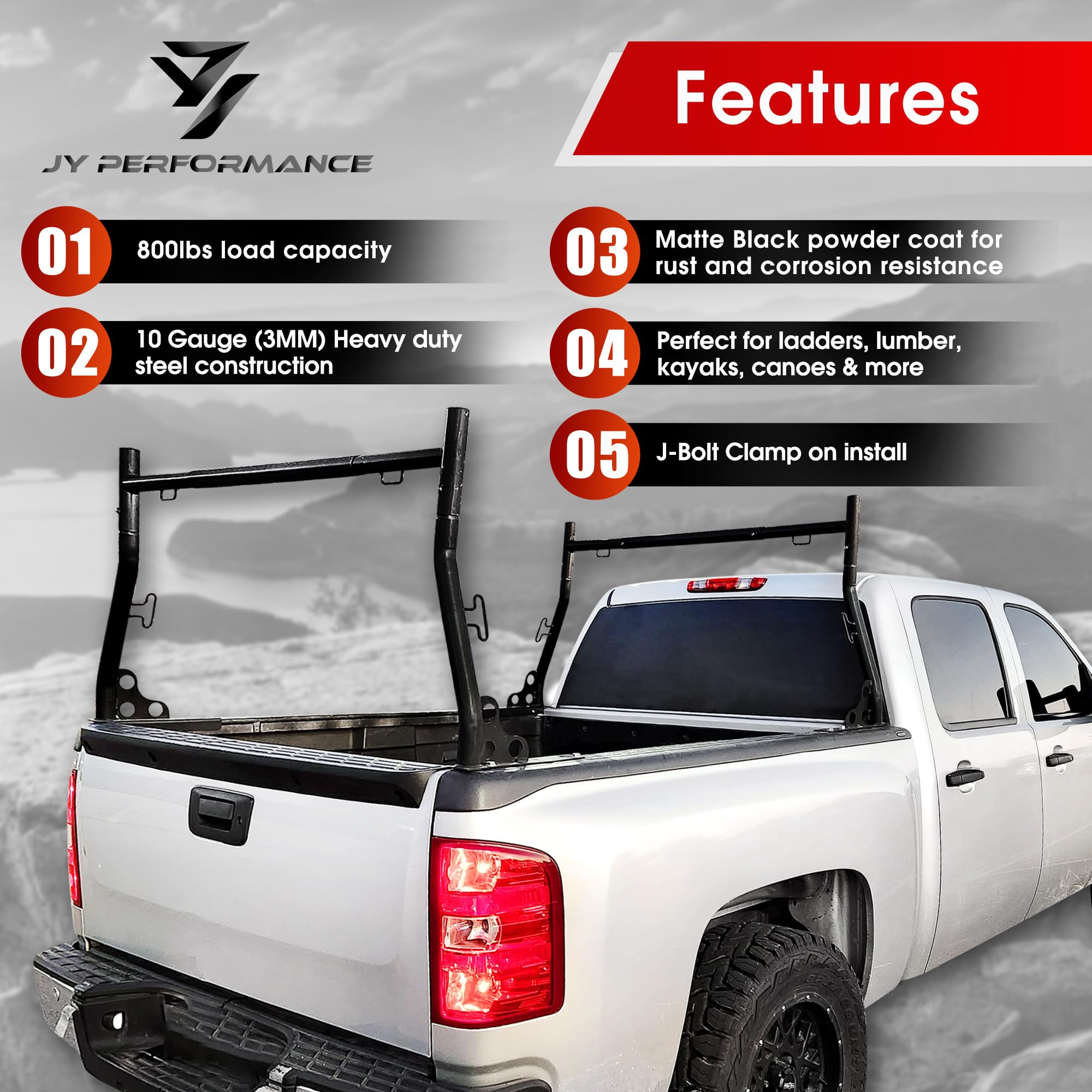 JY PERFORMANCE Truck Ladder Racks 800Ibs Capacity Extendable Pick-up Truck Bed Ladder Rack, Universal Heavy Duty (J-Bolt Clamps)