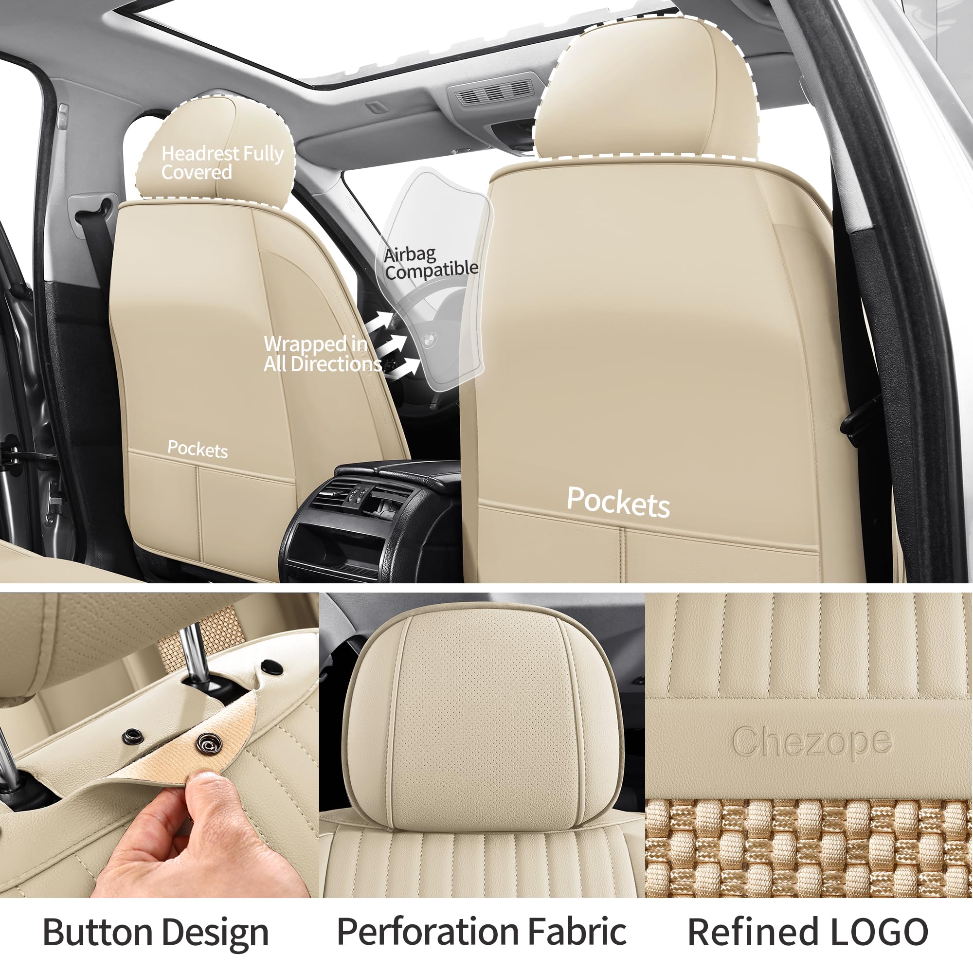 Chezope Black Beige Automotive Car Seat Covers Full Set Universal for Women Men Fit for Most Cars SUV Sedans Trucks Leather Wate