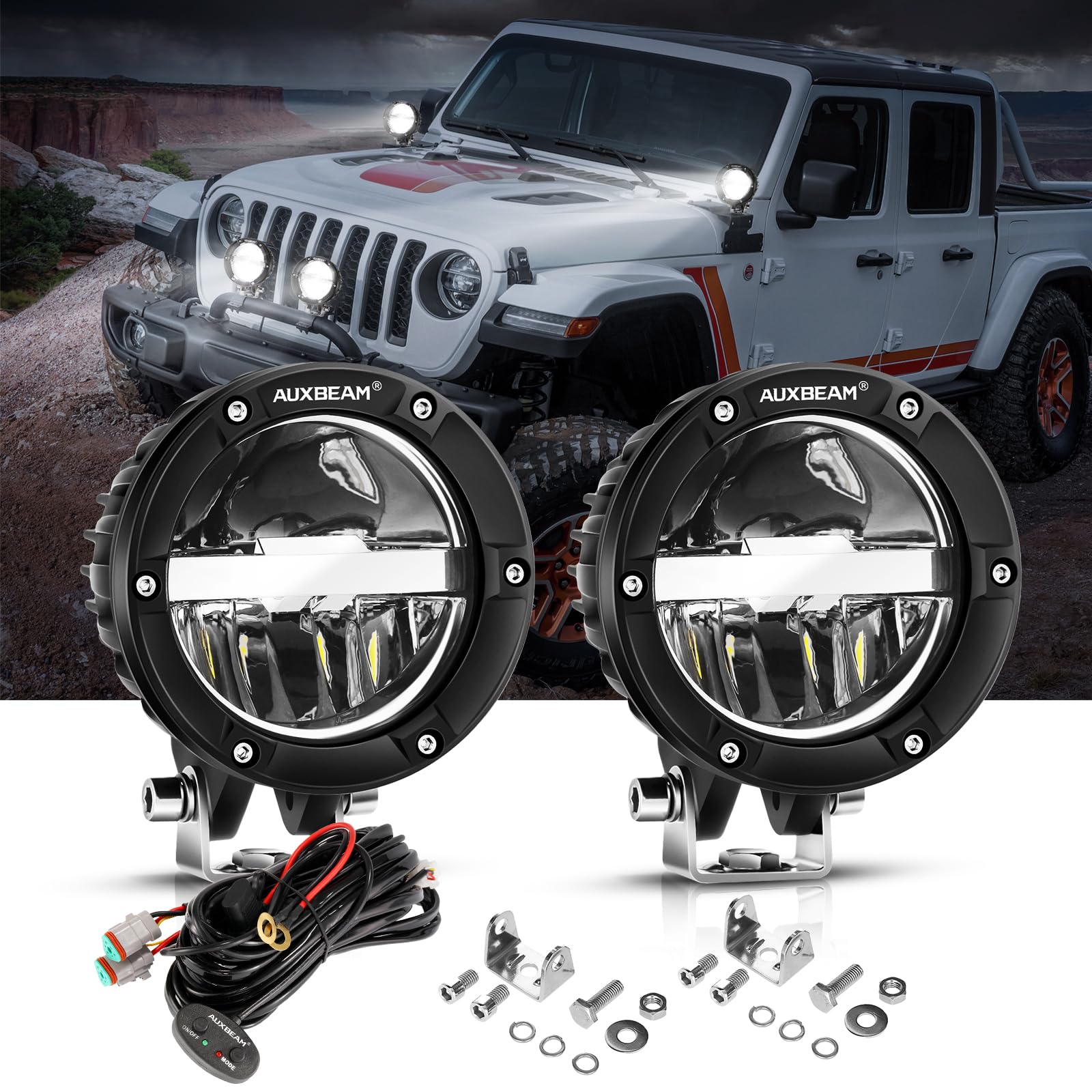 Auxbeam 4 Inch 100W Round Offroad Lights, Led Driving Light Pods With Hi/Lo/Combo Beam Design, 10000Lm Super Bright Work Fog Lig