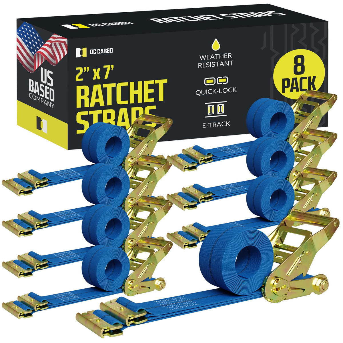 E Track Ratchet Straps Cargo Tie-Downs, (Pack Of 8) 2 X 7 Heavy Duty Blue Tie-Down Rachet Straps, Strong Ratchet Strap, E Track