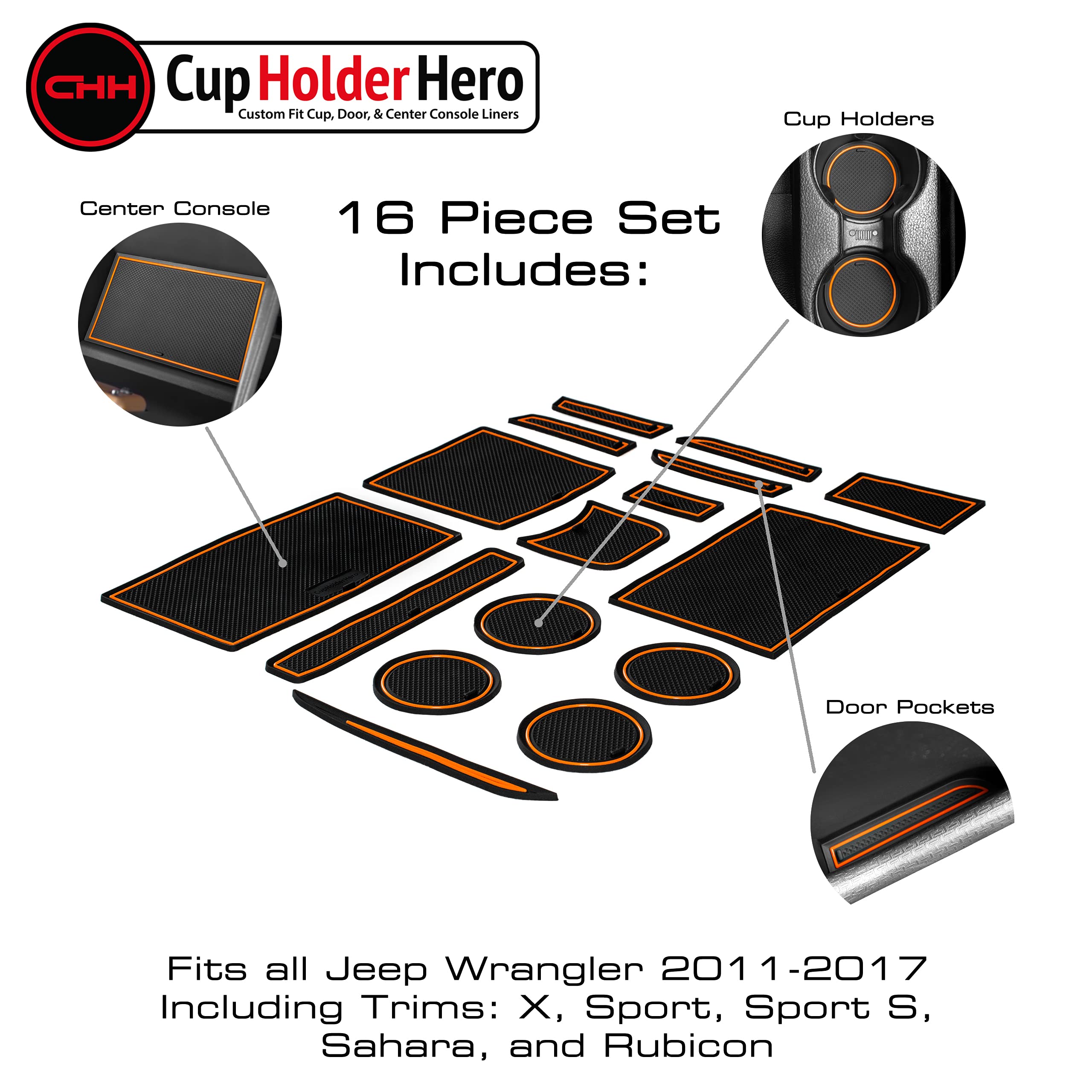Cupholderhero Fits Jeep Wrangler Accessories 2011-2017 Premium Custom Interior Non-Slip Anti Dust Cup Holder Inserts, Center Con