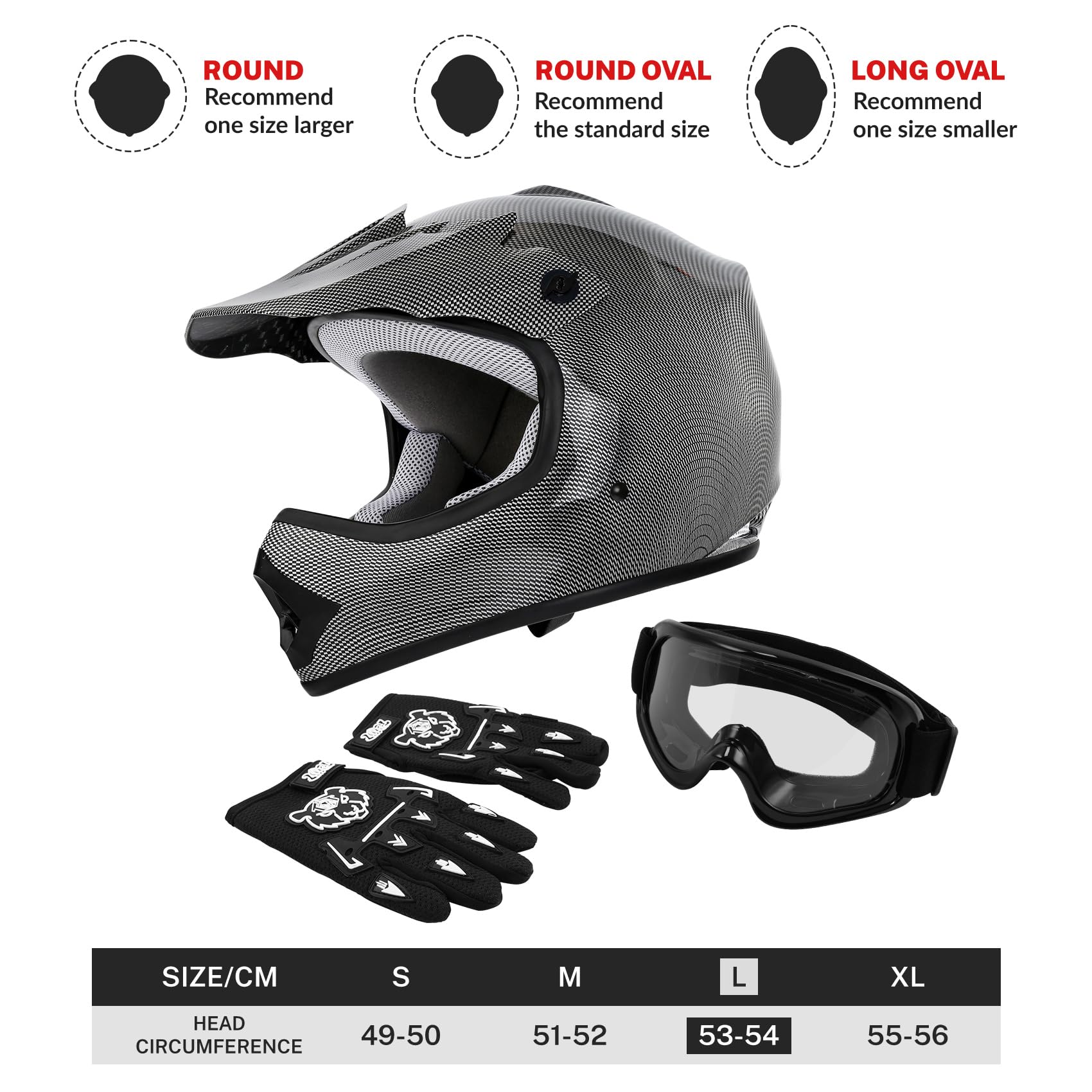 Tct-Motorparts Dot Youth Kids Motocross Atv Helmets Offroad Street Dirt Bike Go-Kart Bmx Mx Full Face Helmet Carbon Fiber Large