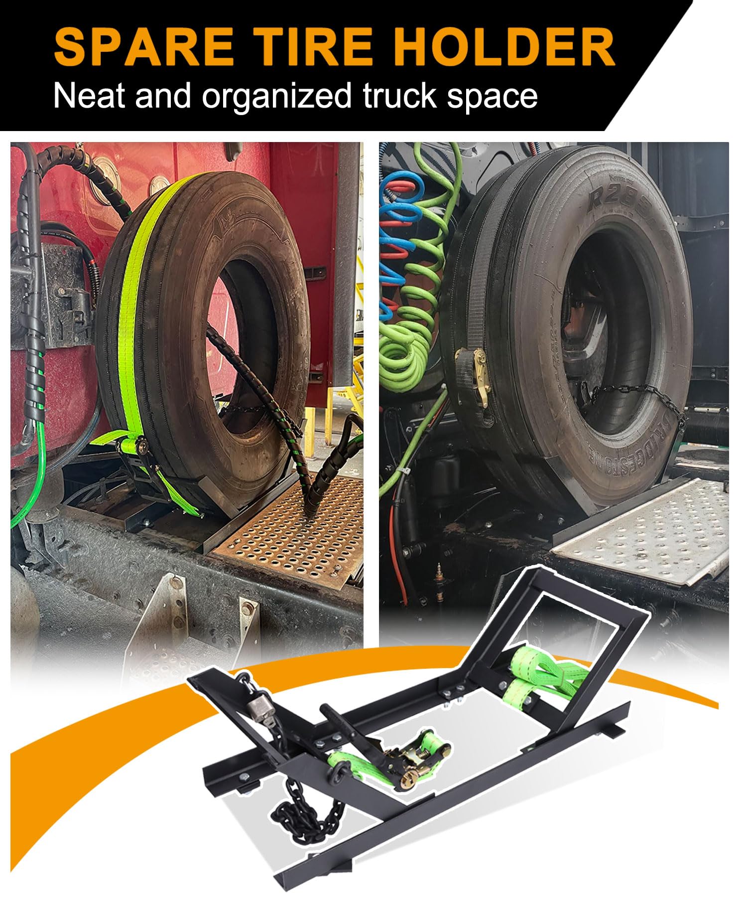 Autoholic Semi Truck Spare Tire Rack Spare Tire Holder Spare Tire Carrier V2.0 Base Reinforcement Orange or Green