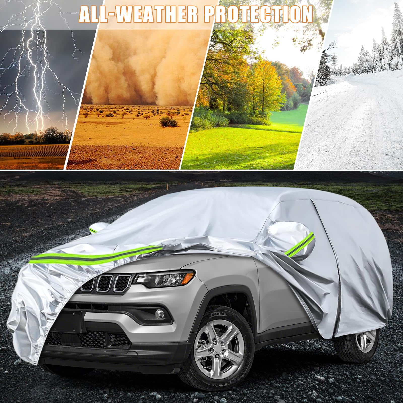Waterproof Car Covers Replace For 2007-2025 Jeep Compass, 6 Layers Silver All Weather Custom-Fit Car Cover With Zipper Door & Wi