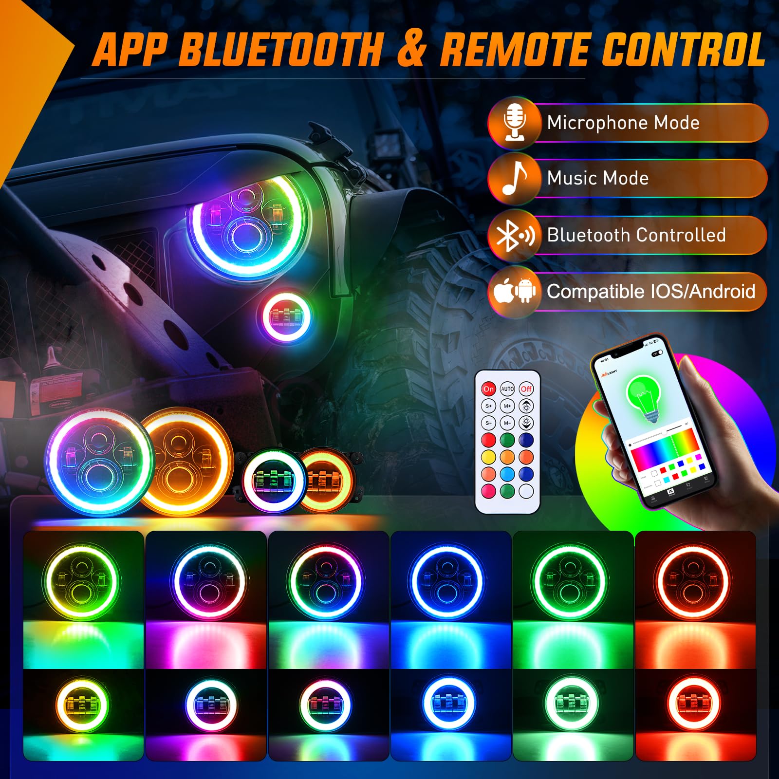 Nilight 7 Inch Rgb Led Headlight And 4 Inchs Fog Light W/Turn Signal App Remote Control Round Headlights Compatible With 2007 20