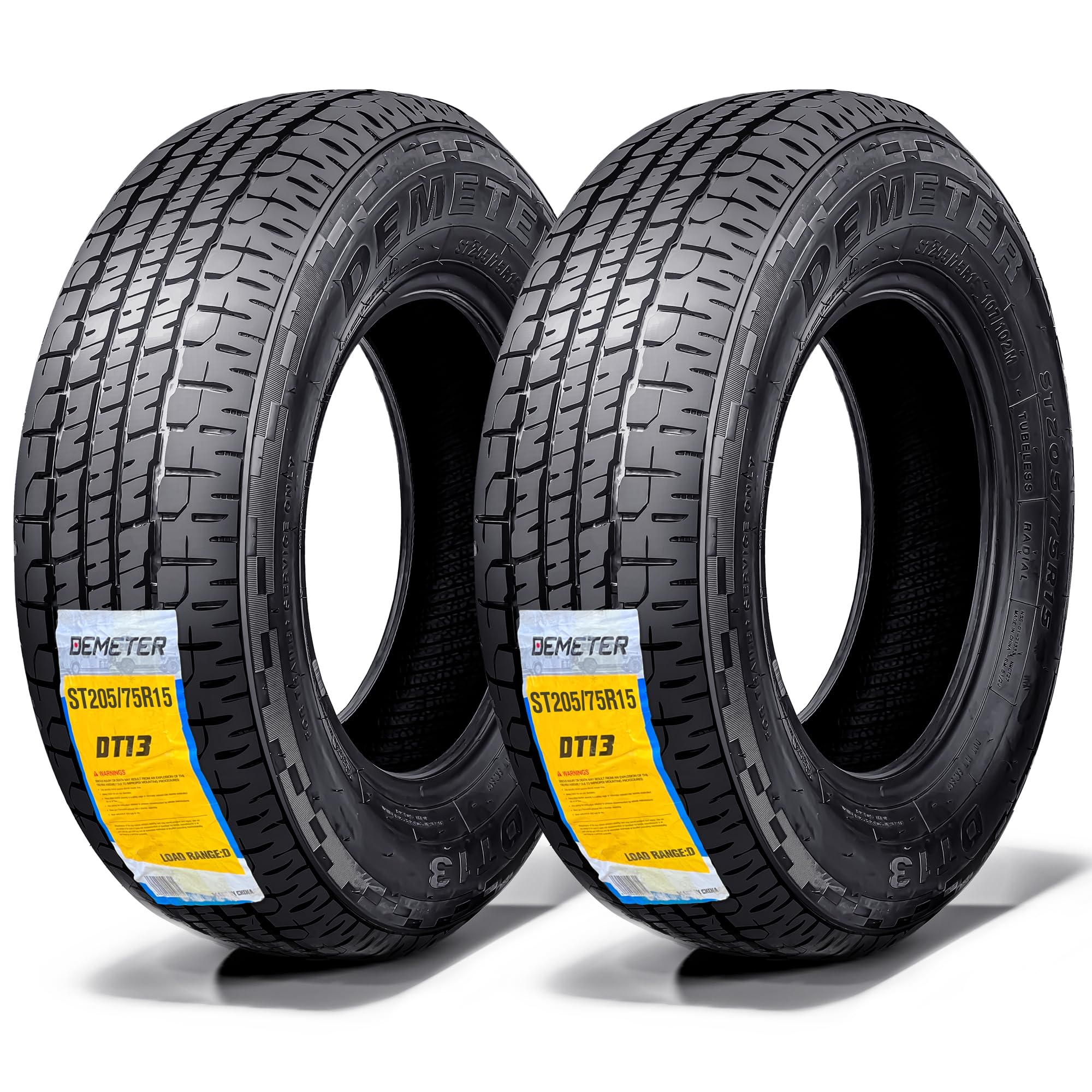 DEMETER Set 2 Radial Trailer Tires 205/75R15,Heavy Duty ST 205/75R15, 8 Ply Load Range D All Season Traction