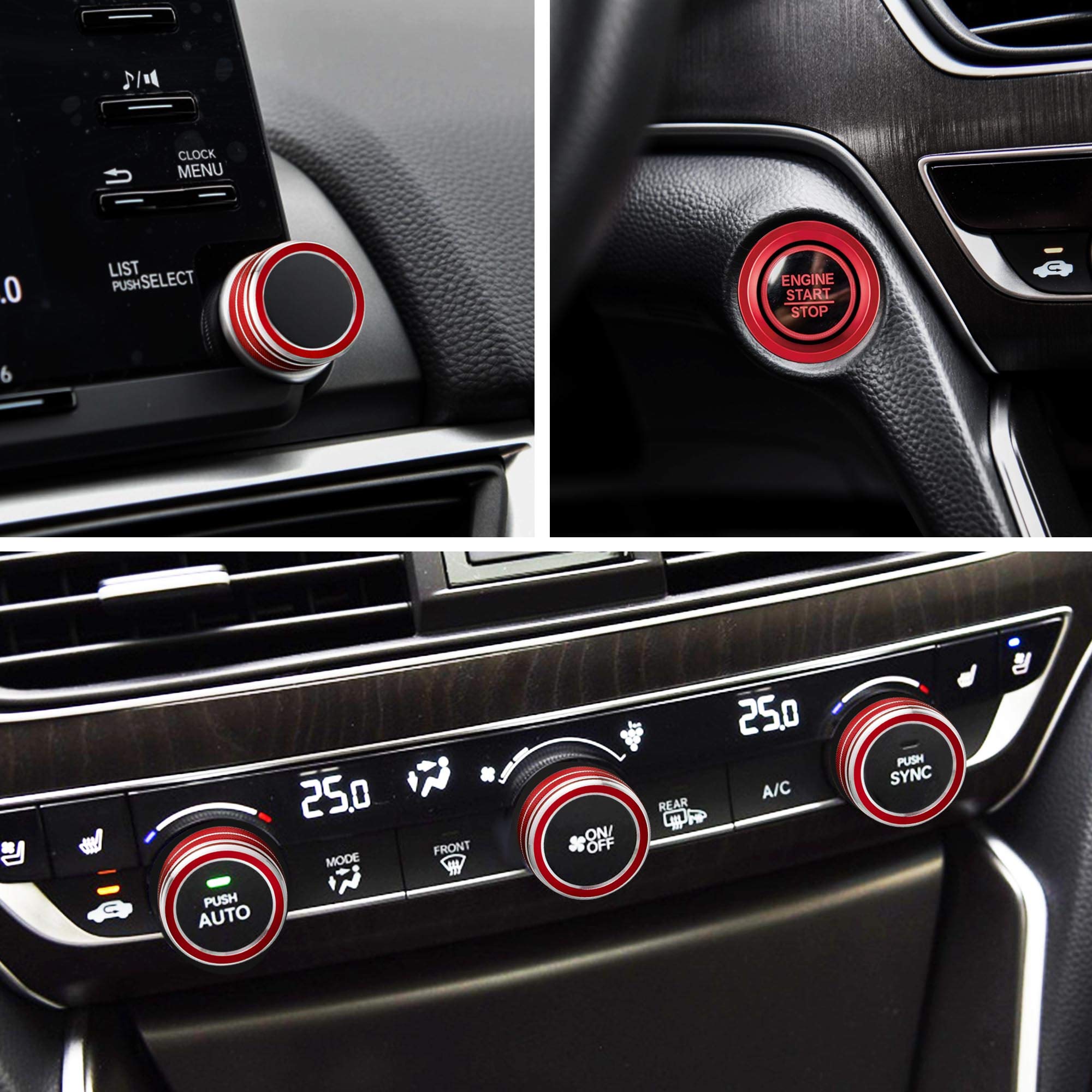 Tomall 6Pcs Aluminum Centre Console Switch Cover Compatible With Honda 10Th Accord Sedan Sport Ex Ex-L Lx 2018-2022 Sound Volume Knob Ac Air Conditioning Knob Engine Start Stop Button Cover Trim (Red)
