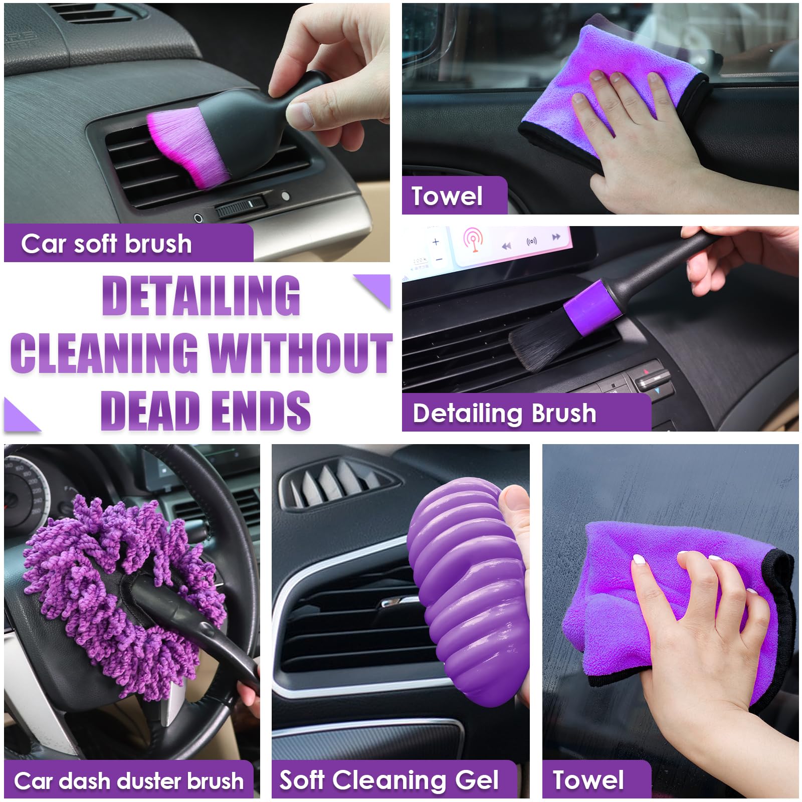 Viewsun 17Pcs Car Cleaning Kit, Purple Car Interior Detailing Kit With High Power Handheld Vacuum, Detailing Brush Set, Windshie