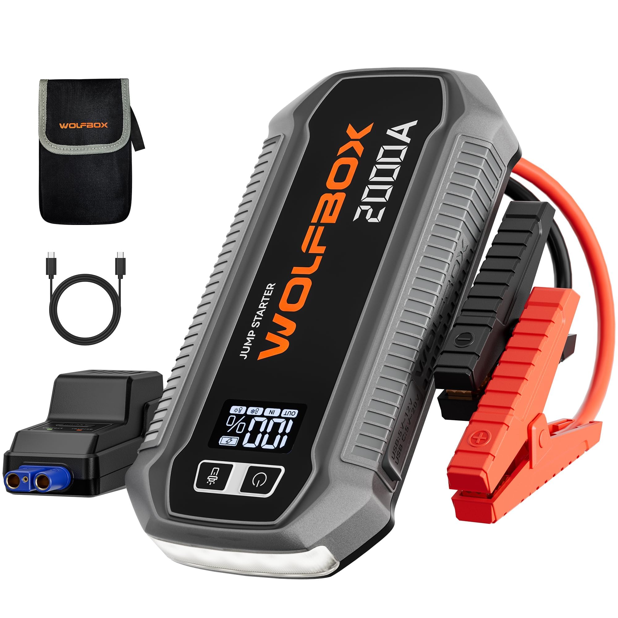 Wolfbox 2000A Jump Starter,12000Mah Battery Jumper Starter Portable With Led Display, 30W Quick Charge,12V Car Battery Jump Star