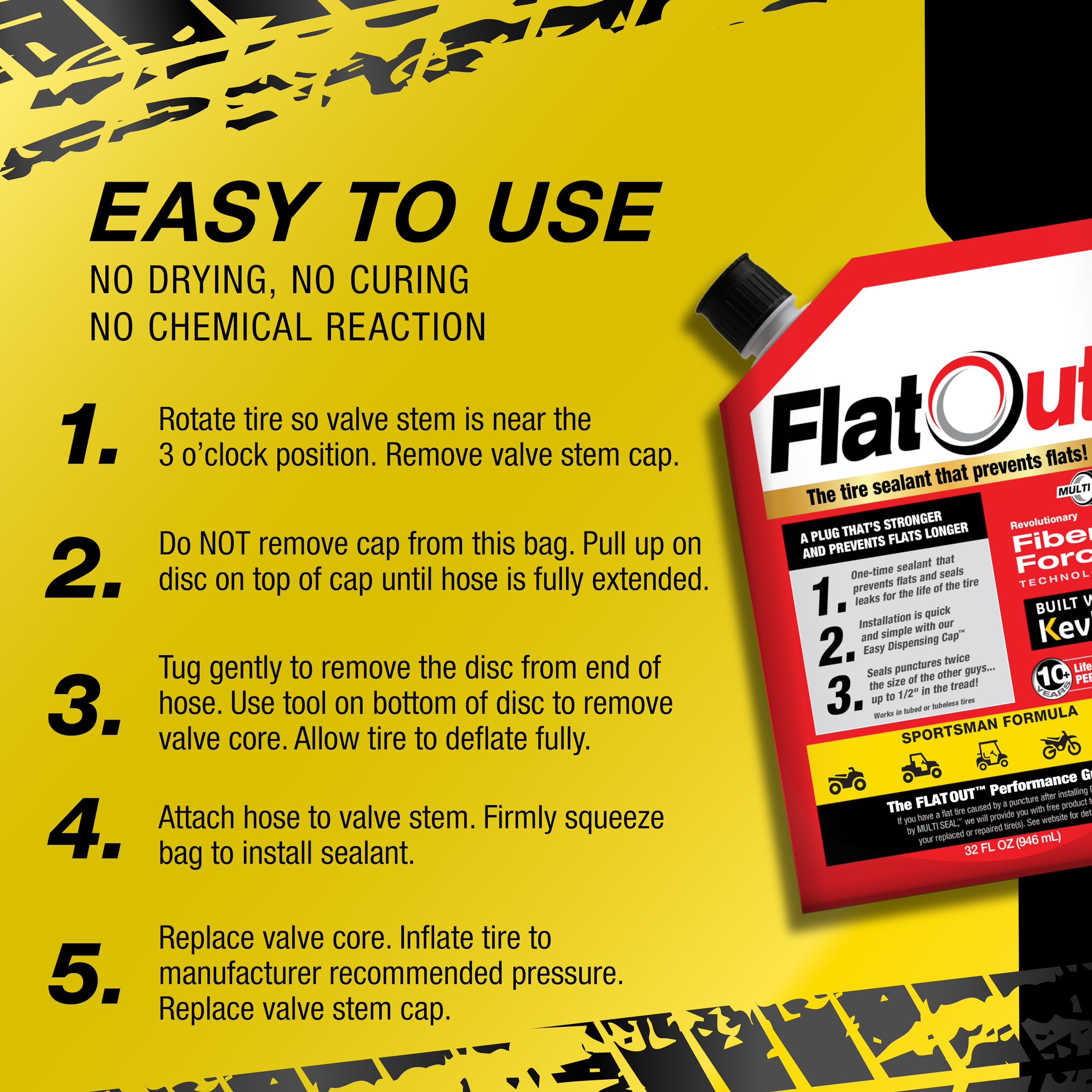 Flatout Sportsman Formula Tire Sealant - Prevents Flat Tires - Fix A Flat Tire - Seals Leaks - Contains Kevlar - Tubeless Tire S