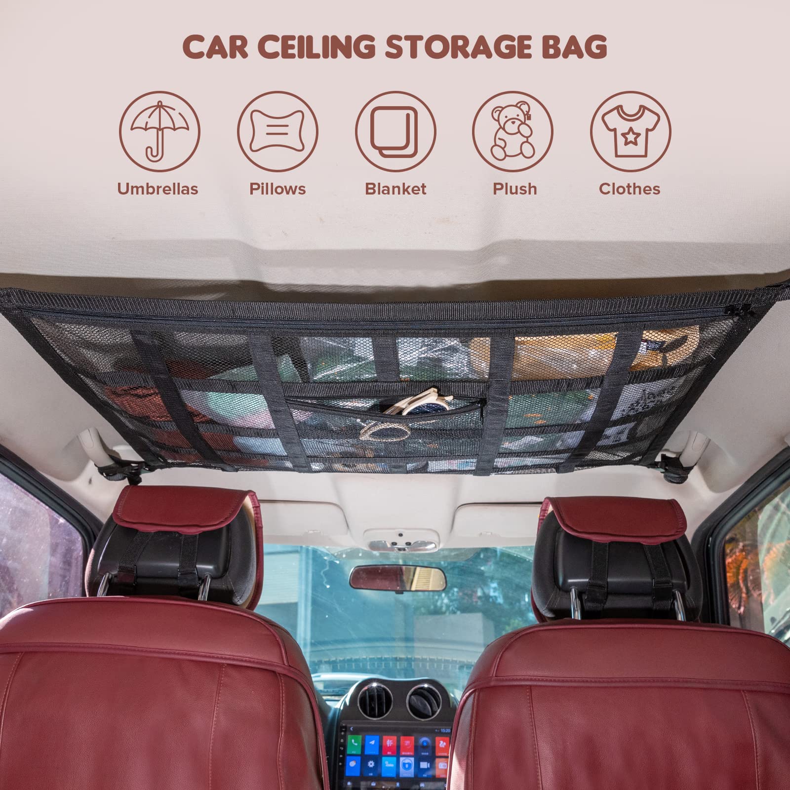 Kaskawise Car Ceiling Cargo Net Pocket,35.4''X23.6'' Load-Bearing Double-Layer Mesh Car Roof Storage Organizer For Ford,F150,Jee