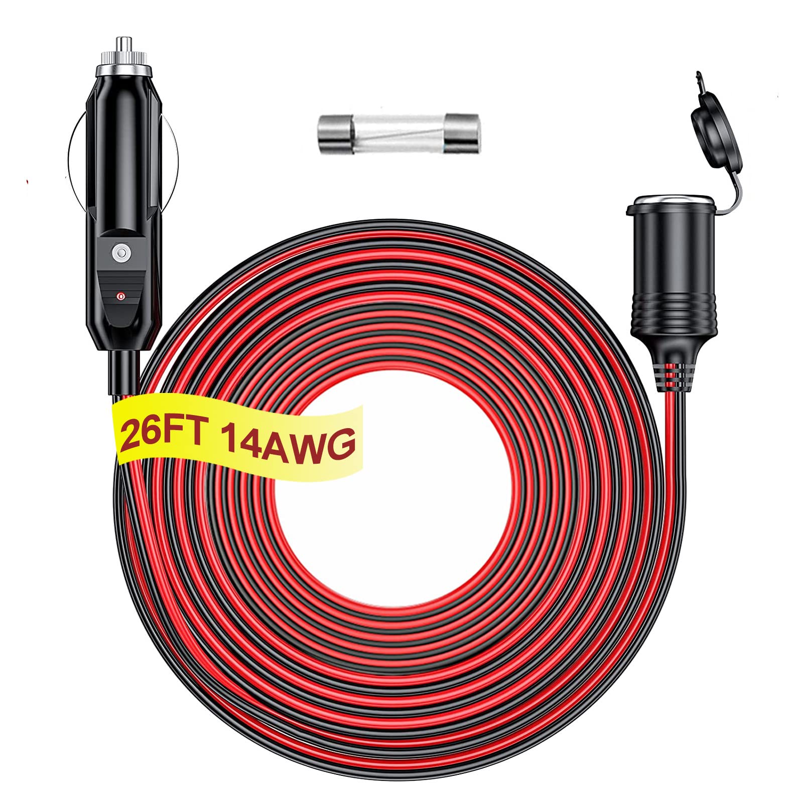 Rwujilong Upgraded Super Long Cigarette Lighter Extension Cord 26Ft Heavy Duty 14Awg - 12V/24V Extension Cord With Cigarette Lighter Plug Socket Built-In 20A Fuse & 1 * 20A Spare Fuse