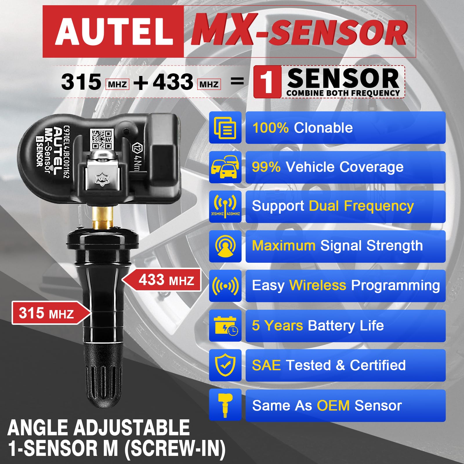 Autel Tpms Sensor Universal 1 Sensor With Dual Frequency (315Mhz + 433Mhz), Tire Pressure Monitoring Sensor Replacement For 99% Vehicles, Programmable By Autel Tpms Tool (Rubber Valve)