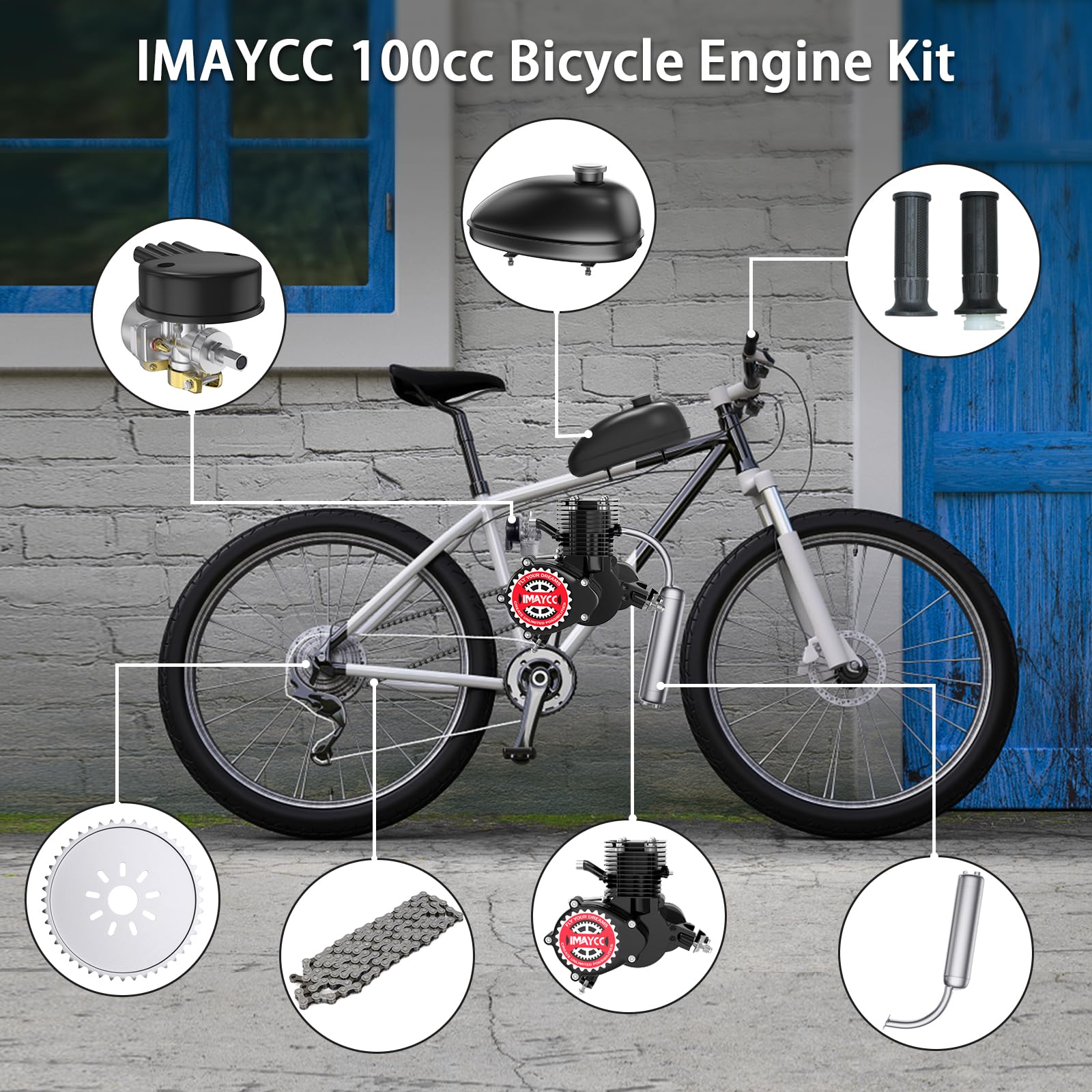 IMAYCC Bike Motor Kit 100cc Motorized Bike Kit 2 Stroke Gas Bicycle Engine Conversion Kit Fit for 26-28 Bikes (100CC Black)