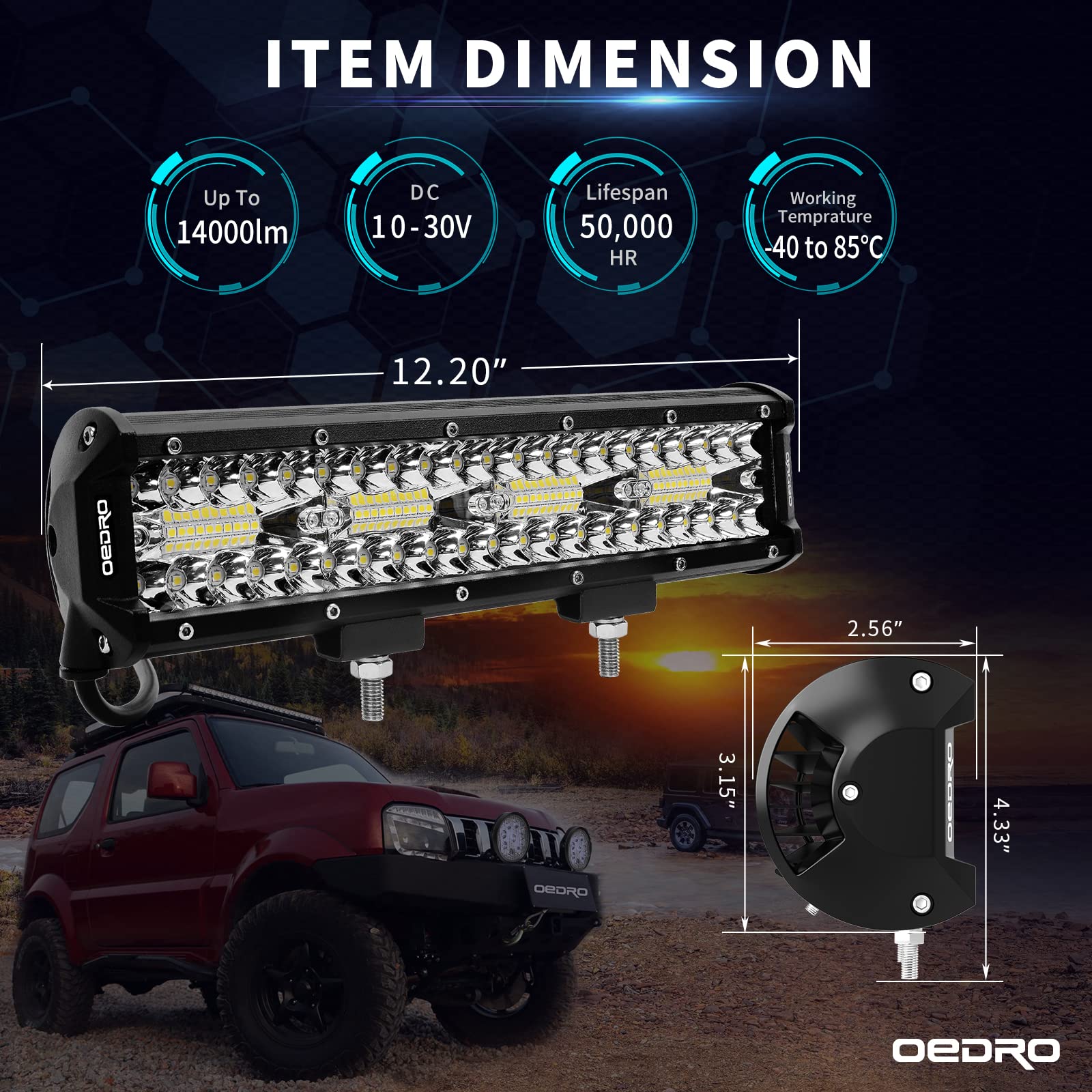 Oedro 12 Inch Led Light Bar 300W - Tri-Row Spot Flood Combo Led Work Light 25200Lm + Wiring Harness, Ip68 Off Road Driving Fog L