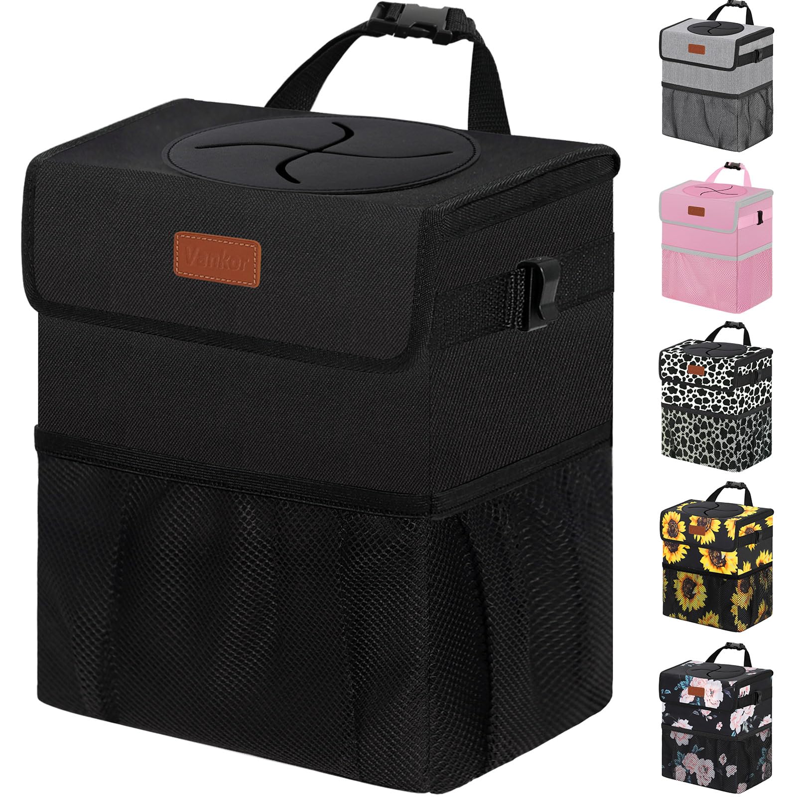 Vankor 3 Gallons Car Trash Can With Lid, Bag Bin Hanging Waterproof Automotive Car Garbage Cans Leak Proof Vehicle Trash Can Bla