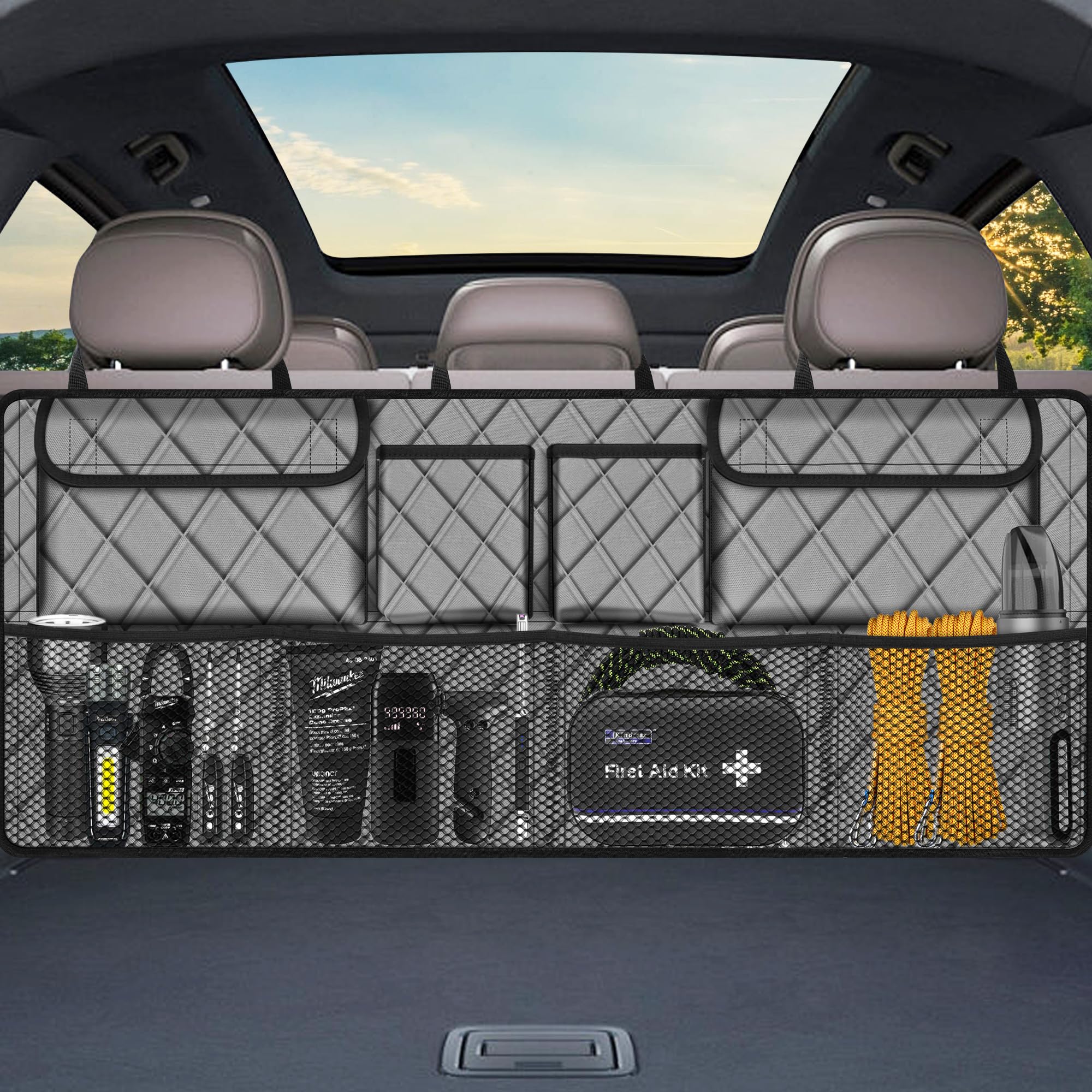 Femuar Car Trunk Organizer, Large Capacity Backseat Trunk Organizer (42''*18''), Collapsible Car Storage Bag With 8 Pockets, Suv