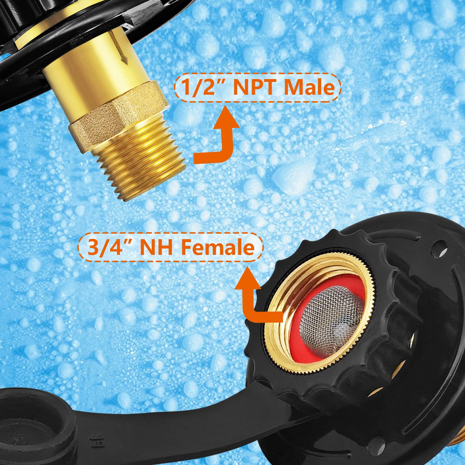Rv City Water Inlet With Check Valve, 3/4 Nh Female To 1/2 Npt Male Black Flange Rv Fresh Water Inlet, Lead-Free Brass Rv Water Connection Inlet With Dust Plug For Rv Camper Motorhome Trailer Marine