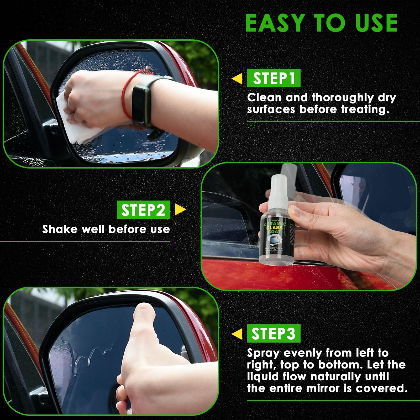 FOLLOWIN Sio2 Ceramic Coating for Car Mirror, Ceramic Glass Coating, Water Repellent for Rearview Mirror Side Mirror
