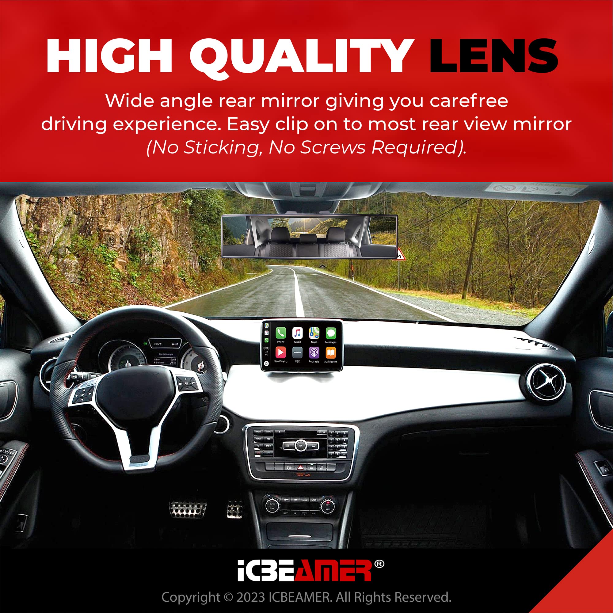 Icbeamer 11.8'' 300Mm Easy Clip On Wide Angle Panoramic Blind Spot Fit Auto Interior Rear View Mirror Convex Clear Surface