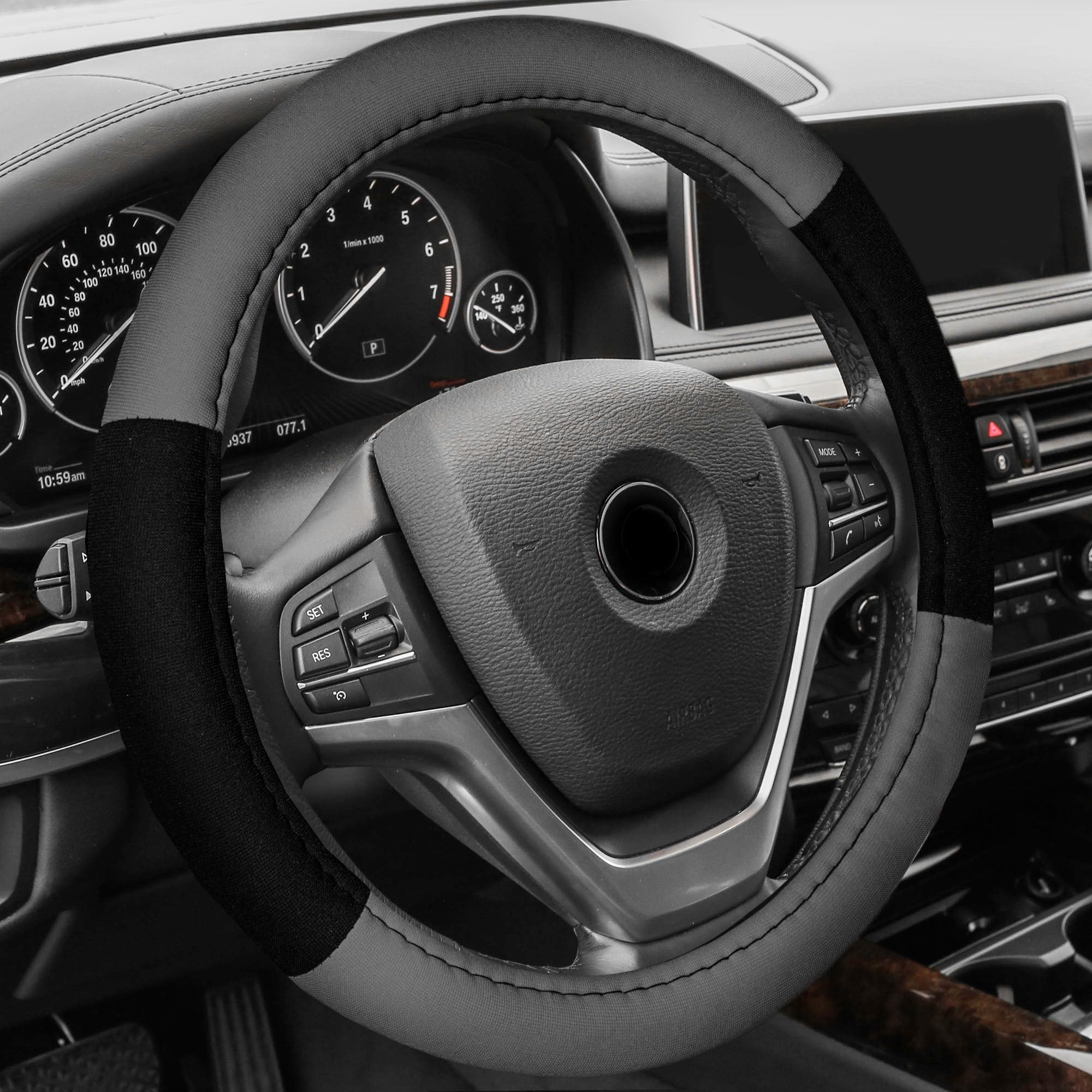 Fh Group Universal Fit Modernistic And Seat Belt Pads Combo Set Steering Wheel Cover Fits Most Cars, Suvs Gray