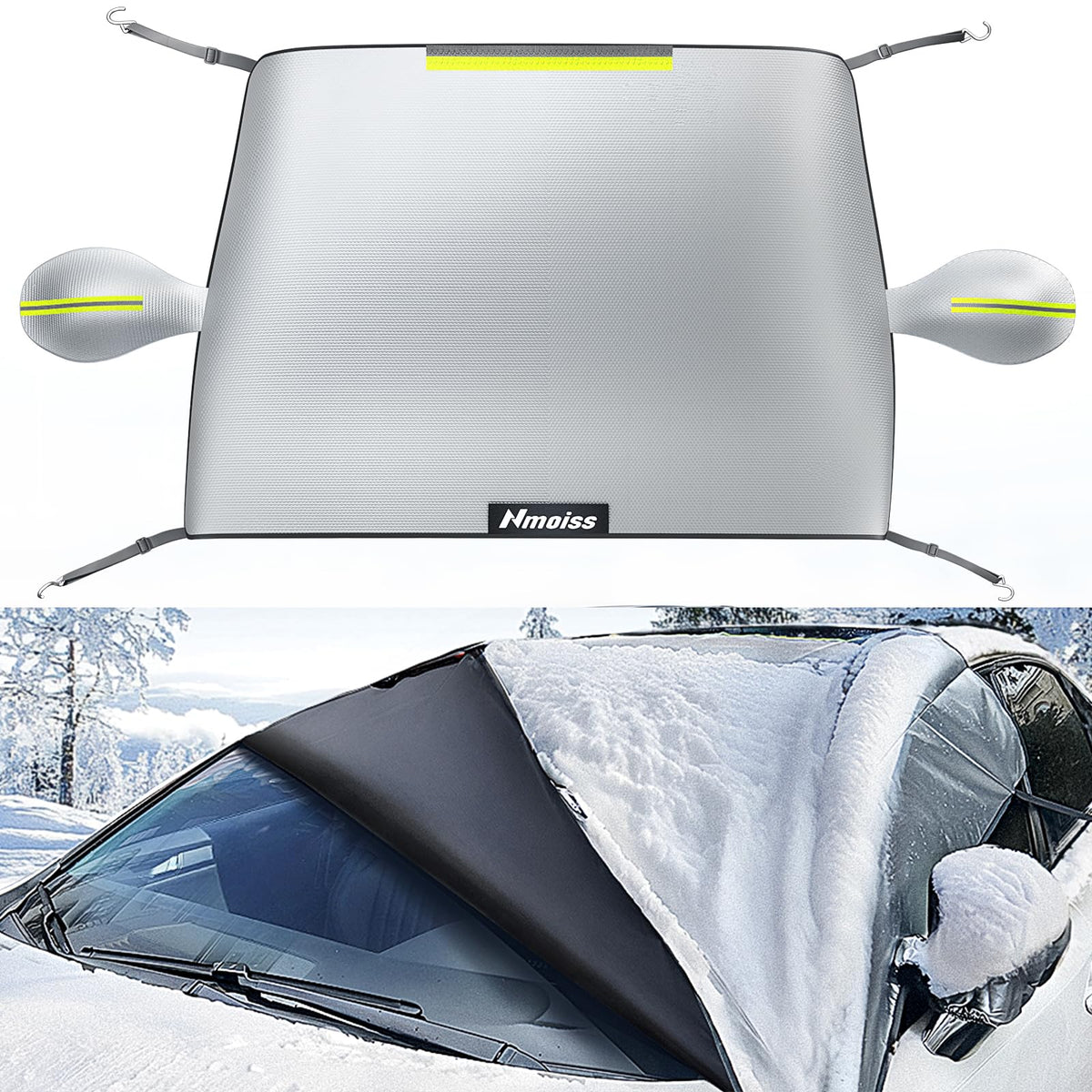 Nmoiss Windshield Cover For Ice And Snow [Upgraded 600D Silver Waterproof] Against Frost Ice And Snow Easy Installation With Str