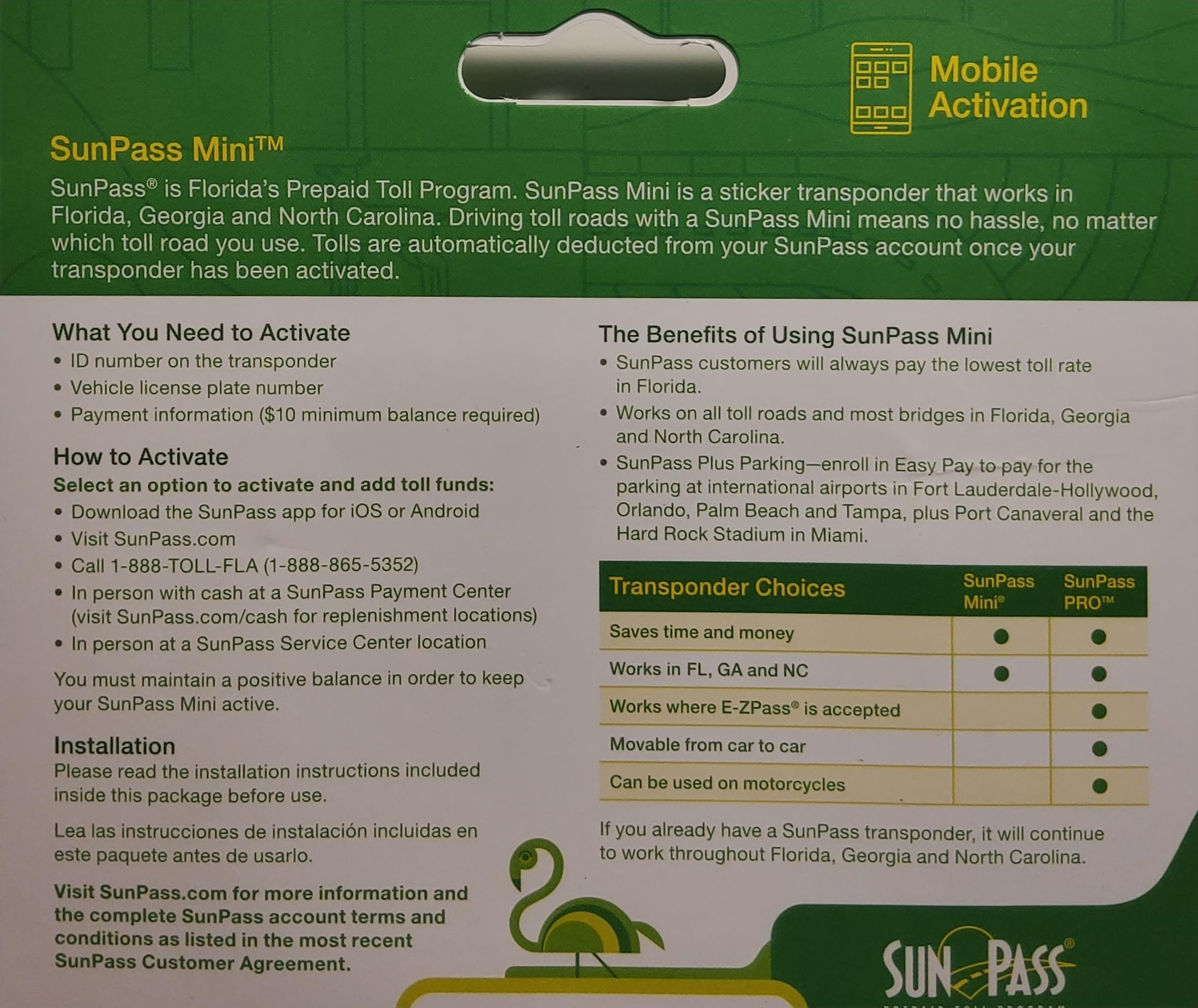 Sunpass Mini Sticker Pre-Paid Toll Program For Florida (Styles May Vary)
