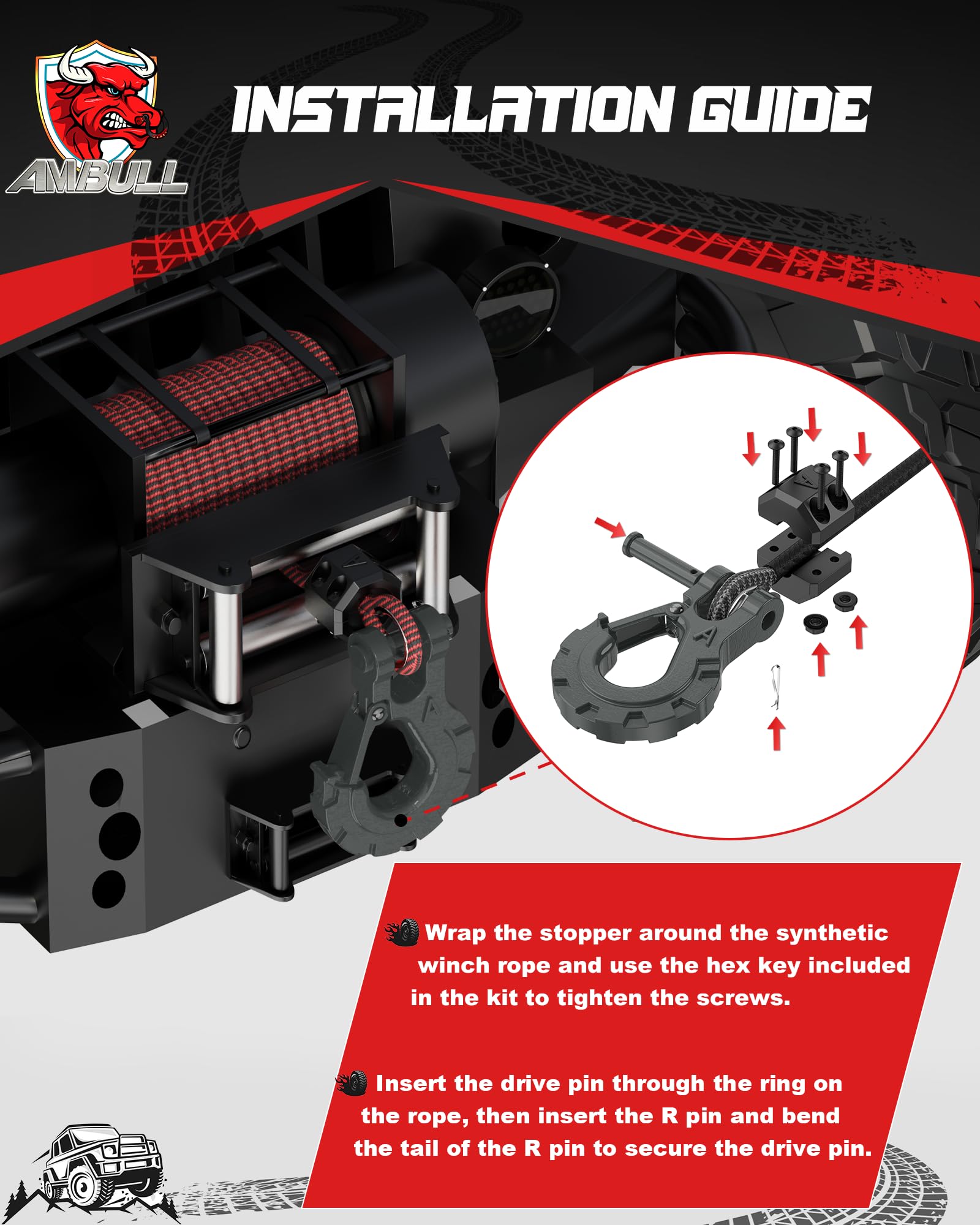 Ambull 3/8 '' Winch Hook & Winch Cable Hook Stopper Sets, Heavy Duty Grade 70 Forged Steel Recovery Hook With Safety Latch, Incl