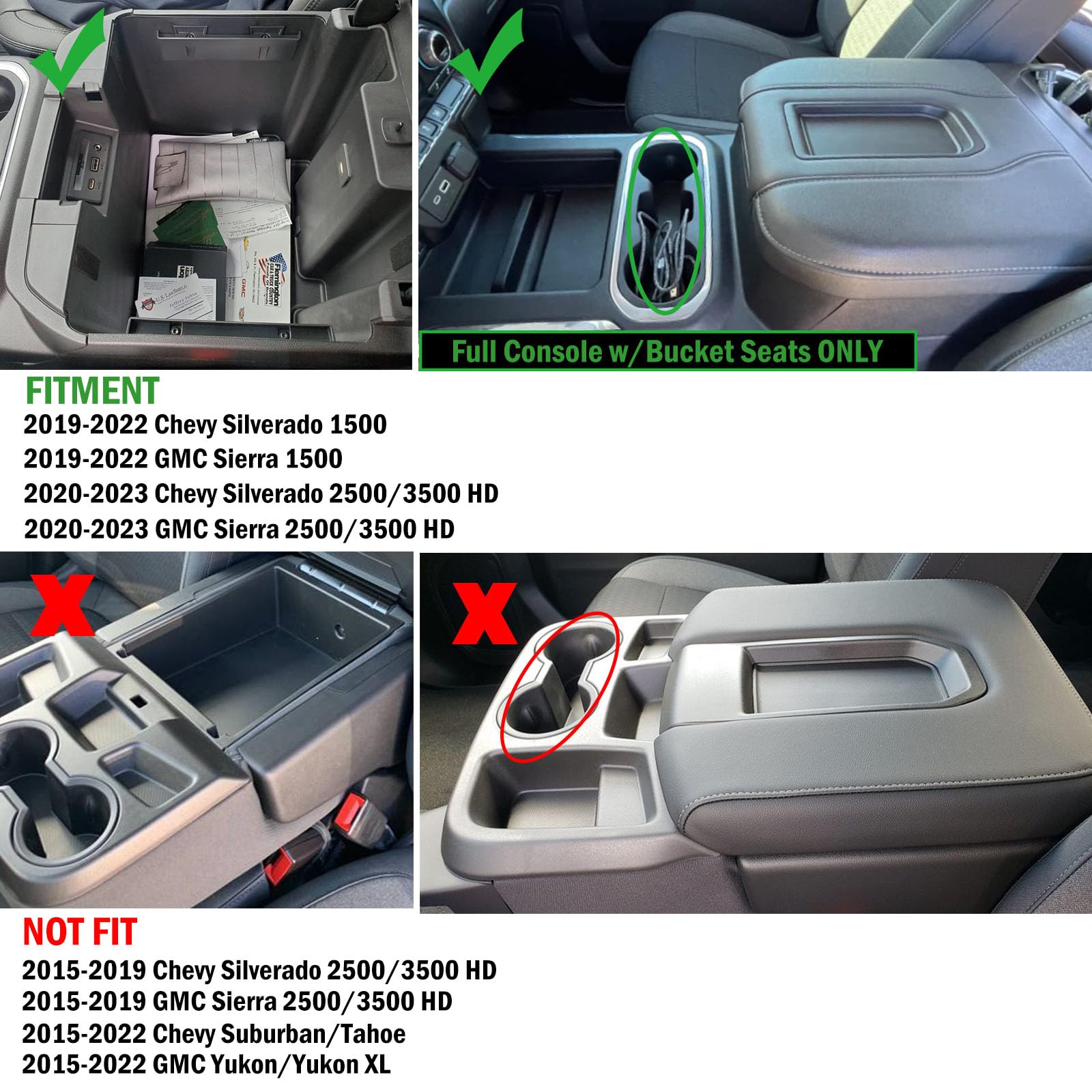 Zxiaochun Center Console Armrest Box Organizer Tray For 2019-2022 Chevy Silverado/Gmc Sierra 1500 And 2020-2023 Silverado/Sierra 2500/3500 Hd Accessories (Full Console W/Bucket Seats Only) Black Trim