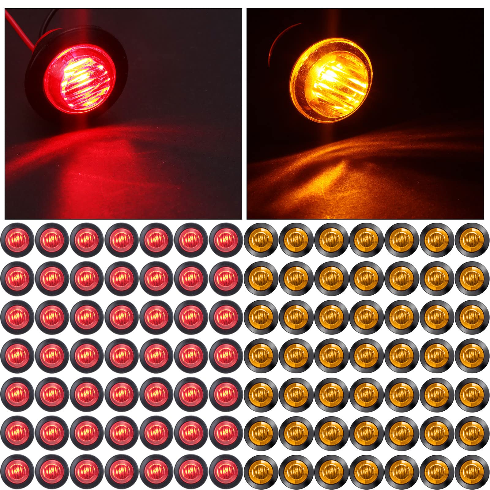 100 Pieces 3/4 Inch Round Led Side Marker Lights, 3 Leds Front Rear Side Indicator Lights Yellow And Red Turn Signal Lights Ip68