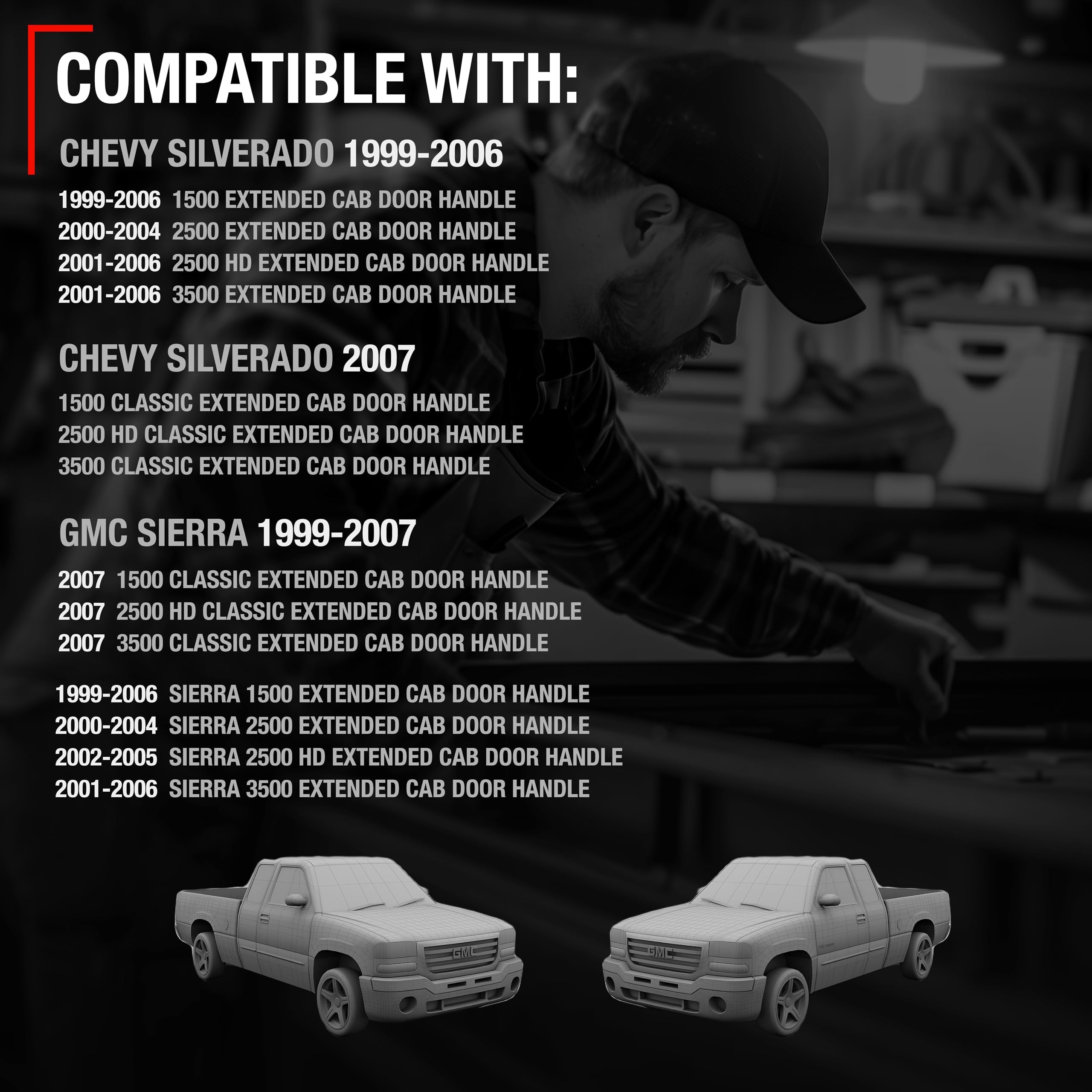 Extended Cab Door Handle, Rear Driver & Passenger Door - Compatible with 1999-2007 Chevrolet Silverado 1500, 2500, 3500; 99-07 G