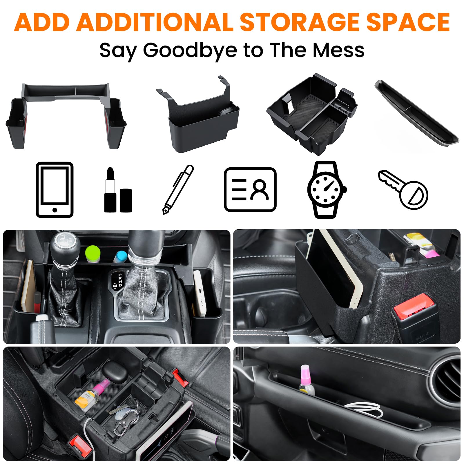 DIAMOOKY 4PCS Upgraded Center Console Organizer for Jeep Wrangler JL JLU 4xe 2018-2023 & Gladiator JT 2020 2021 2022 2023 Access