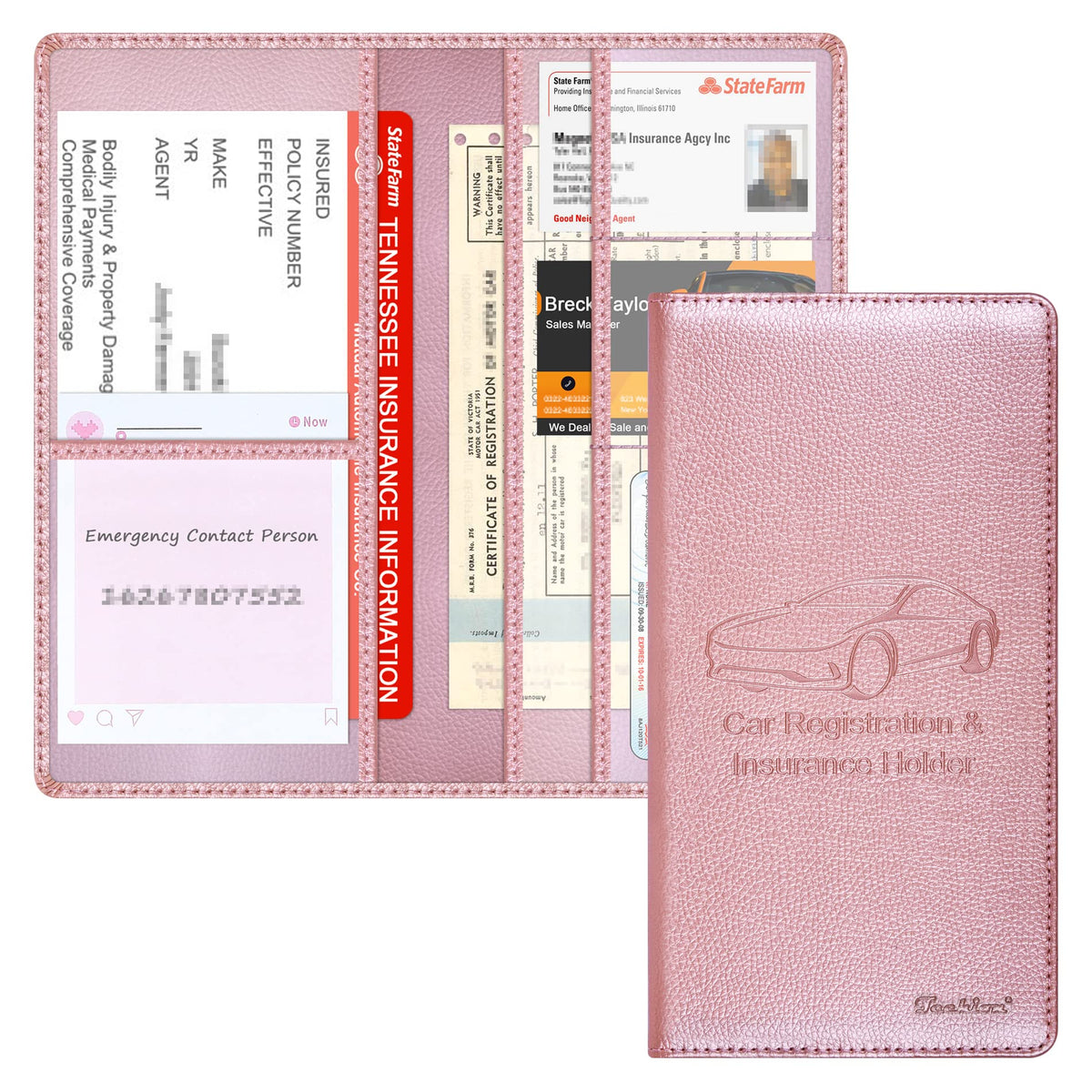 Techion Car Insurance And Registration Holder, 9.5 X 5 Inch Pu Leather Vehicle Glove Box Organizer Wallet Case For Insurance Card, Driver License, Paperwork - Rose Gold