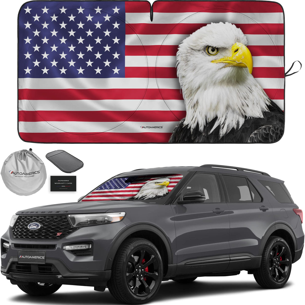 Autoamerics 1-Piece Windshield Sun Shade New American Eagle Flag Usa Patriotic Design - Foldable Car Front Window Sunshade For S