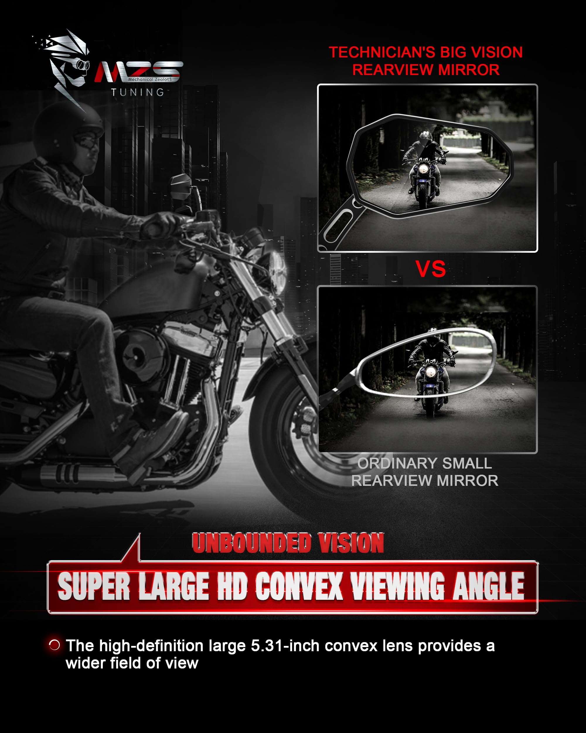 MZS Motorcycle Mirrors - Black Aluminum M8 Rear View Mirror for Sportster, Road King, Street Glide, Electra, Dyna, Softail, Ultra, Vrod