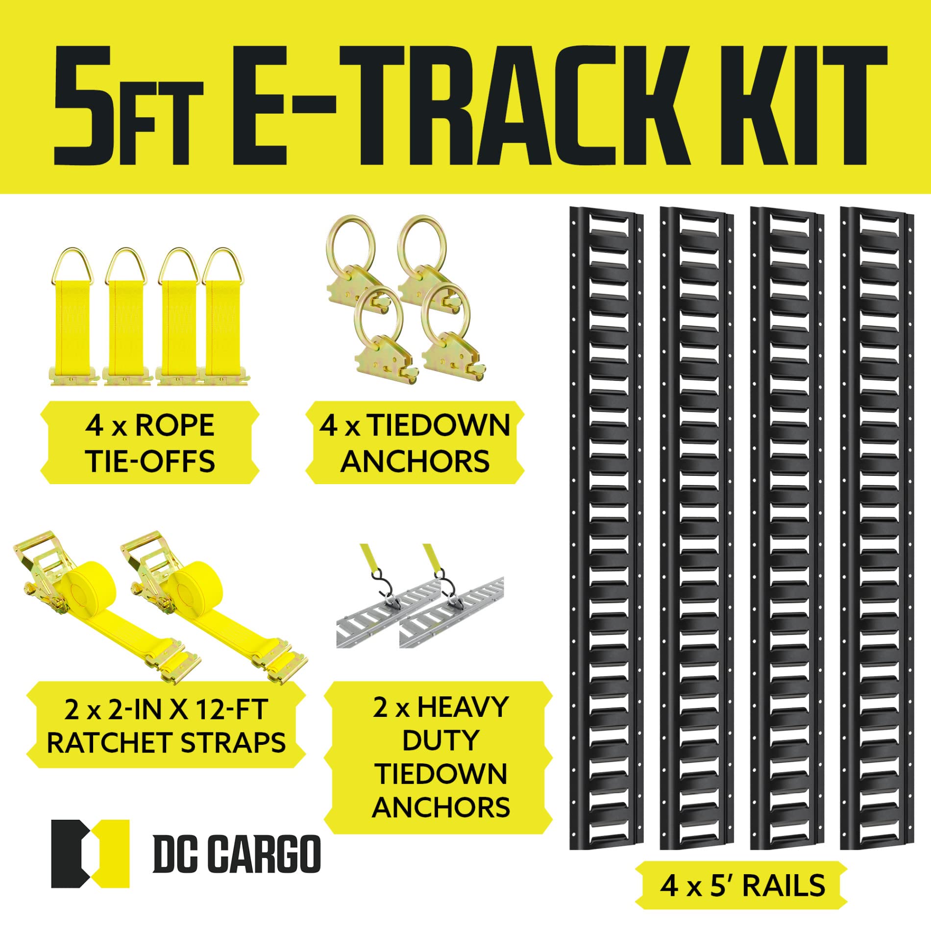 DC Cargo Mall Indoor E Track Tie-Down Rail Kit, 16PCS 5FT E-Tracks Set Includes 4 Powder-Coated Rails & 2 X 12 Foot Ratchet Stra