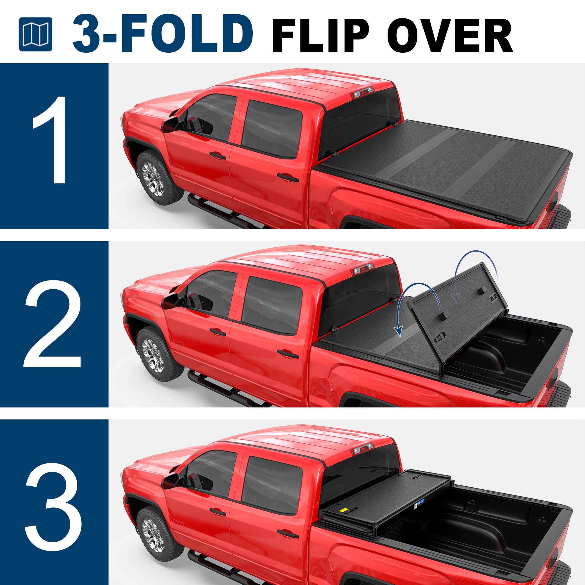 Mostplus Fiberglass Tri Fold Hard Truck Bed Tonneau Cover Compatible With 2007-2013 Chevy Silverado/Gmc Sierra Bed 3 Fold Fleets