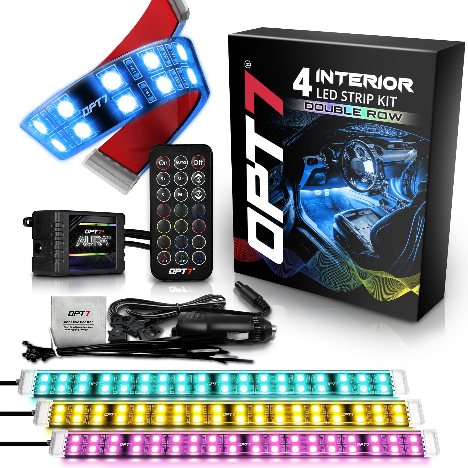 OPT7 Aura LED Strip Kit - 4pc Double Row, Smart Color, Soundsync, RGB, Door Assist, AURA-INTERIOR Model