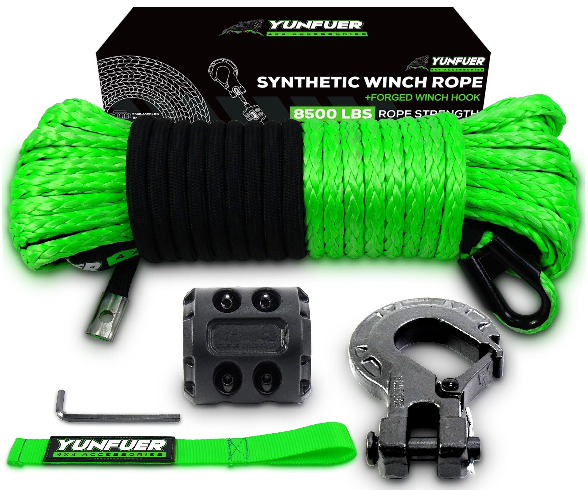 Synthetic Winch Rope Cable Kit, 3/16 x 50ft 8500LBS Green Winch Rope with Protective Sleeve, Forged Winch Hook, Rubber Stopper a