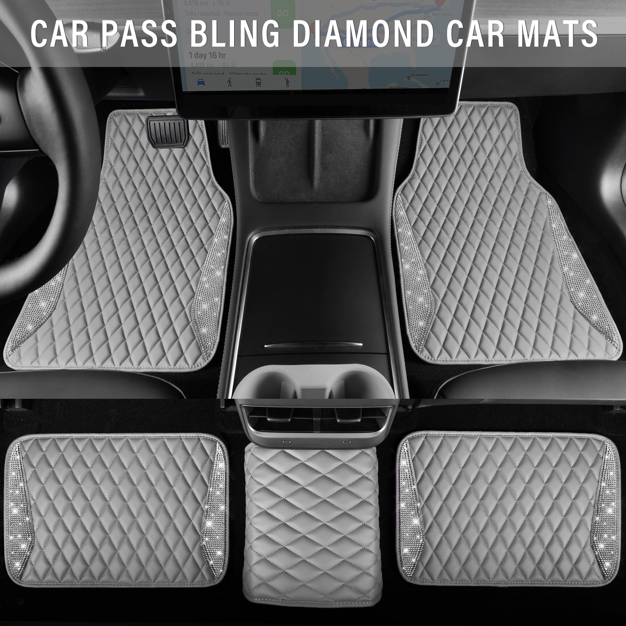 Car Pass Bling Diamond Car Mats Gray Leather Floor Mats Sparkly Glitter Crystal Shining Rhinestone Carpet Anti-Slip Waterproof P