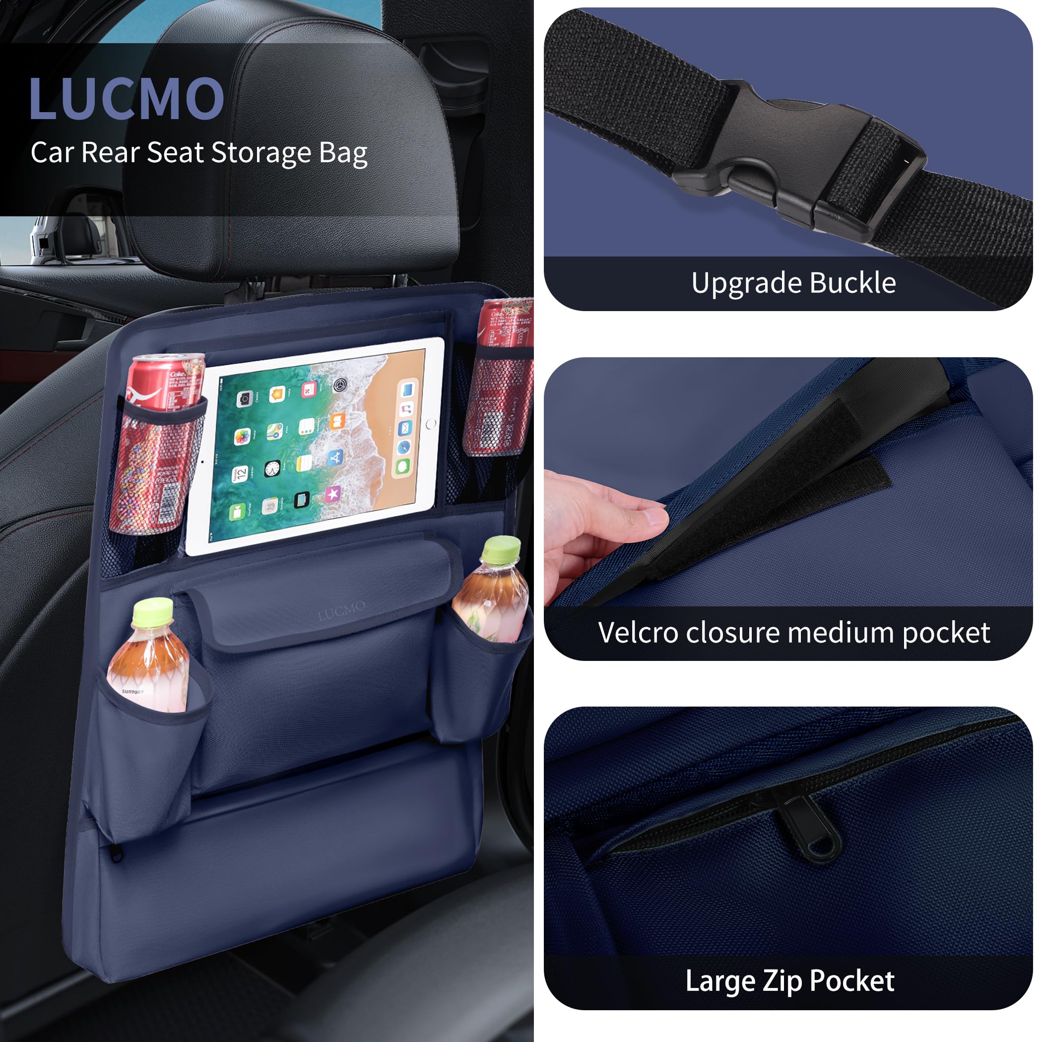 Lucmo Car Backseat Organizer With Touch Screen Tablet Holder,9 Storage Pockets Car Storage Organizer,Protectors Kick Mats Travel