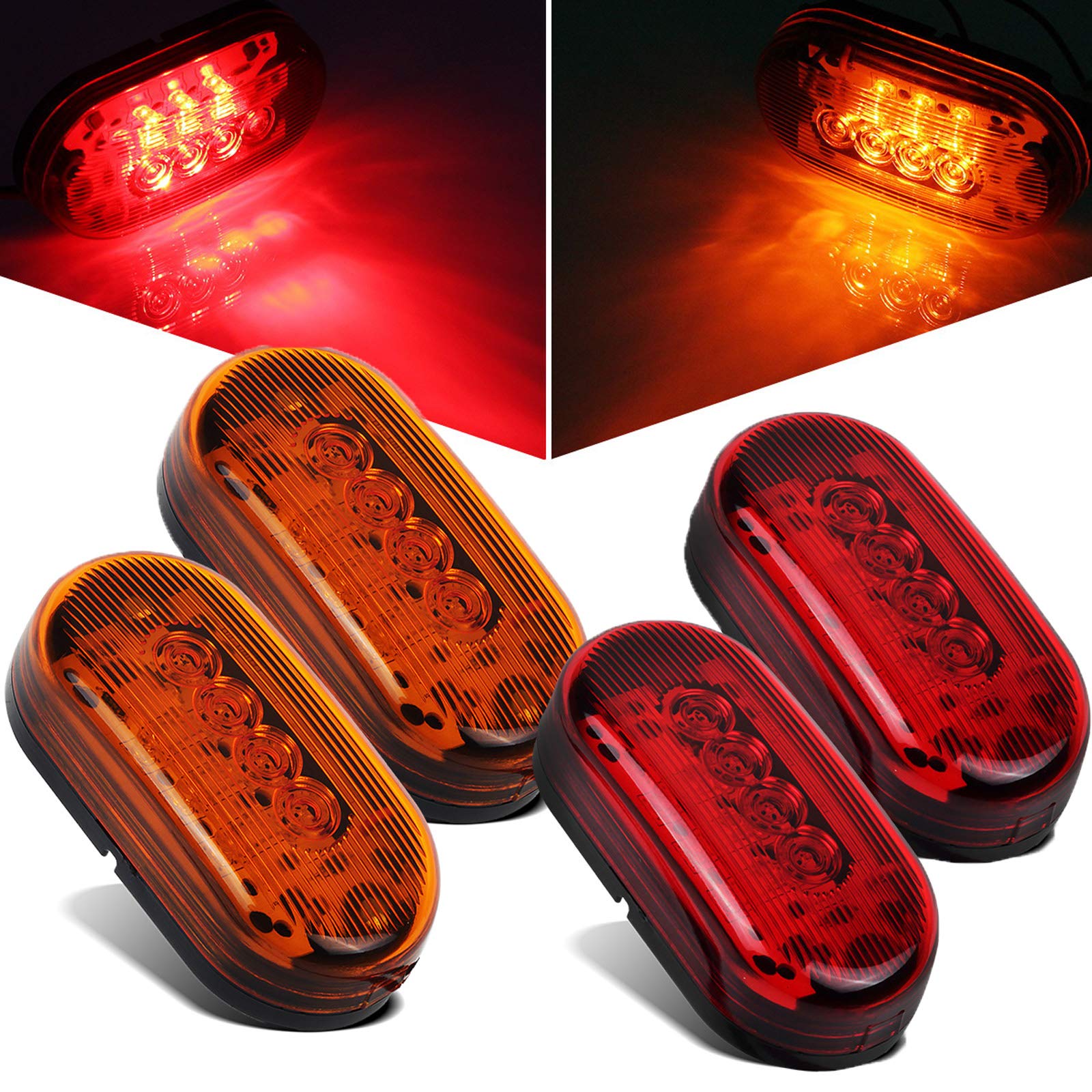 Partsam 2 Amber + 2 Red 12V 4'' X 2'' Oval Led Truck Side Marker Light Surface Mount 10 Diodes, Sealed Trailer Led Clearance And