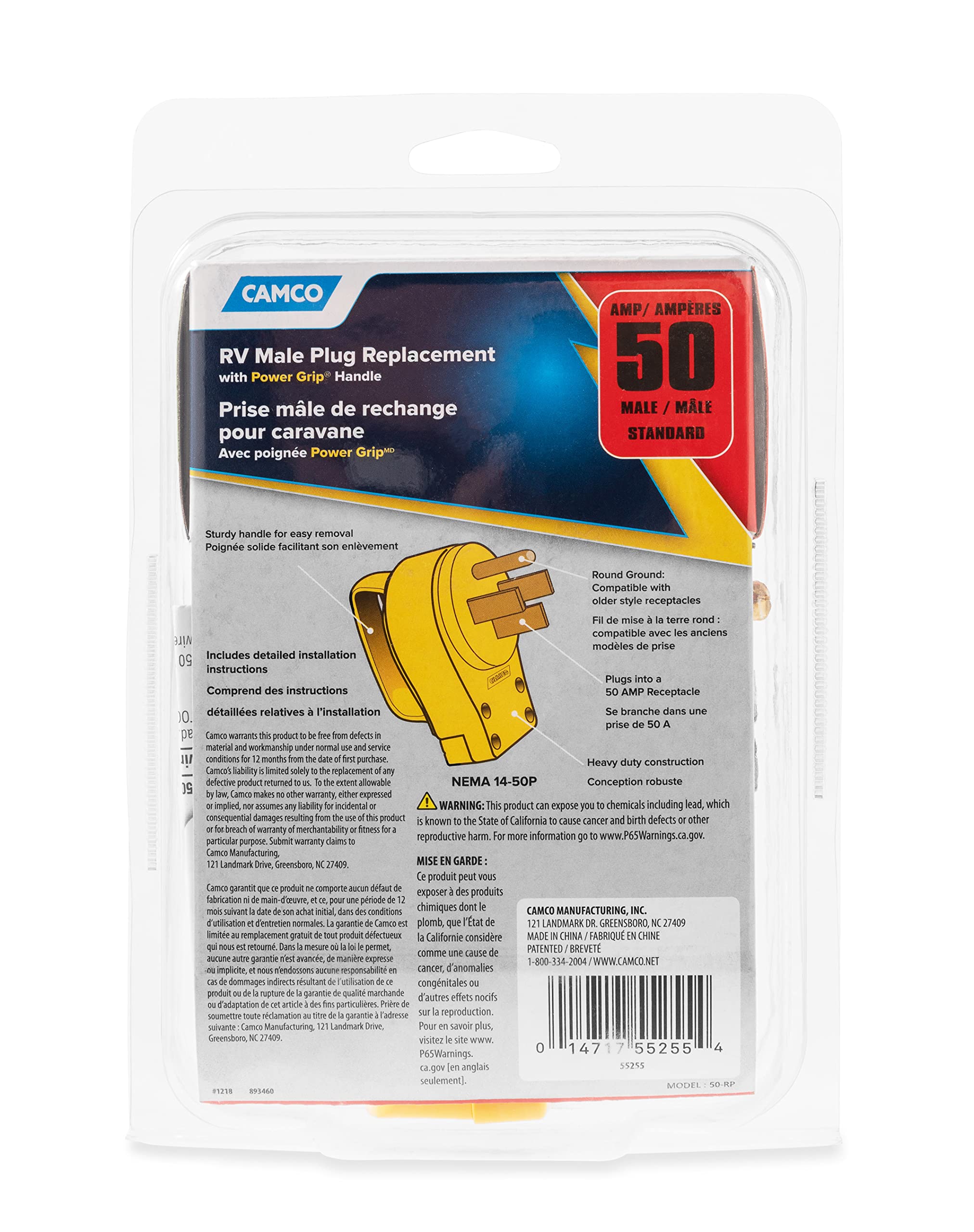 Camco Rv Male Plug Replacement 50 Amp 1 Pk