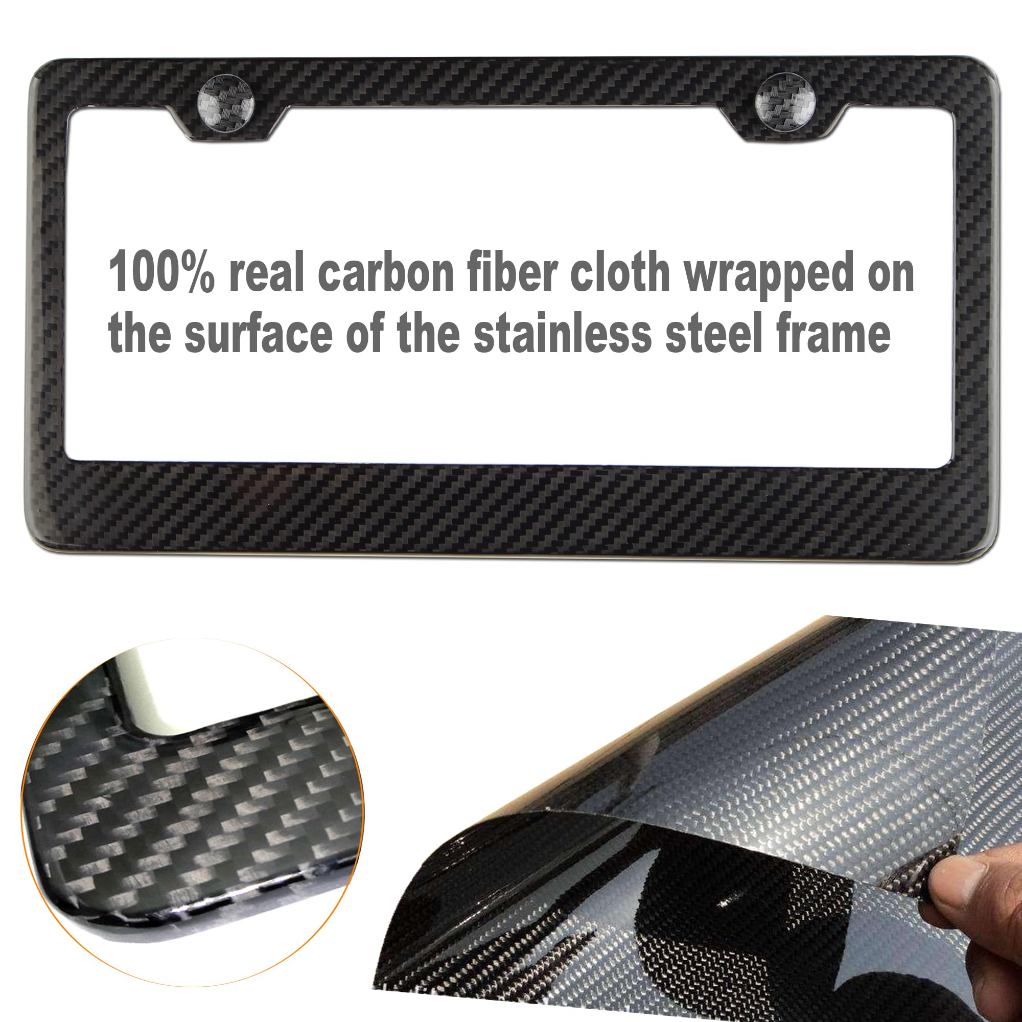 Zxfoog Carbon Fiber License Plate Frame- 100% Handcrafted Real Carbon Fiber Cloth Wrap Holder, Wide Edge Black Stainless Steel C