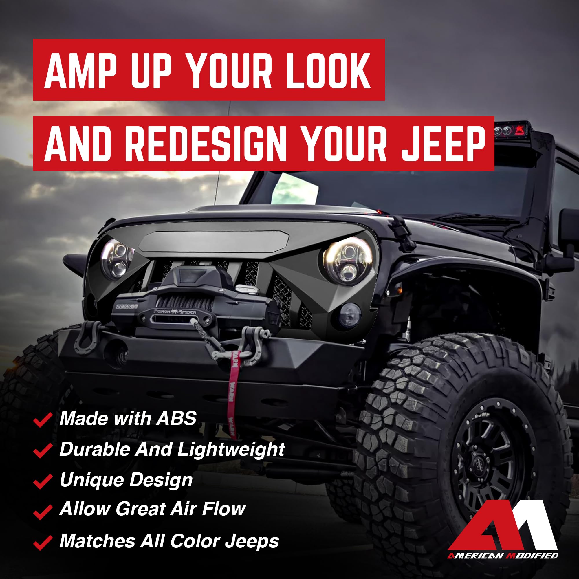 American Modified Gladiator Vader Easy Installation Front Grille Cover Compatible With Jeep Wrangler 2007 To 2018, Jk/Jku, Rubic