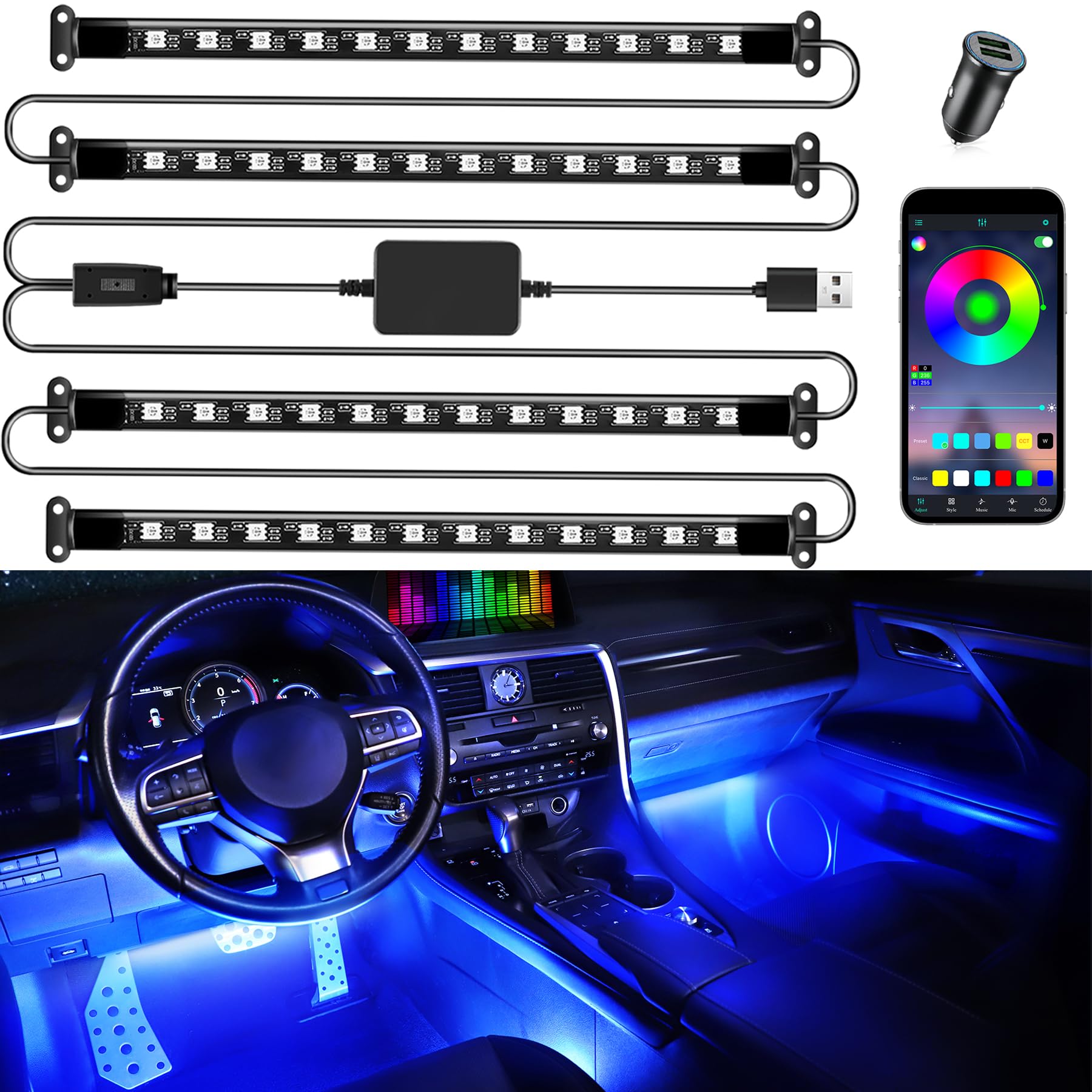 Livtee Smart Car Interior Lights, Rgb Led Accent Lights With App Control, Music Mode, Diy Mode, 2-Line Design, Charger Included,