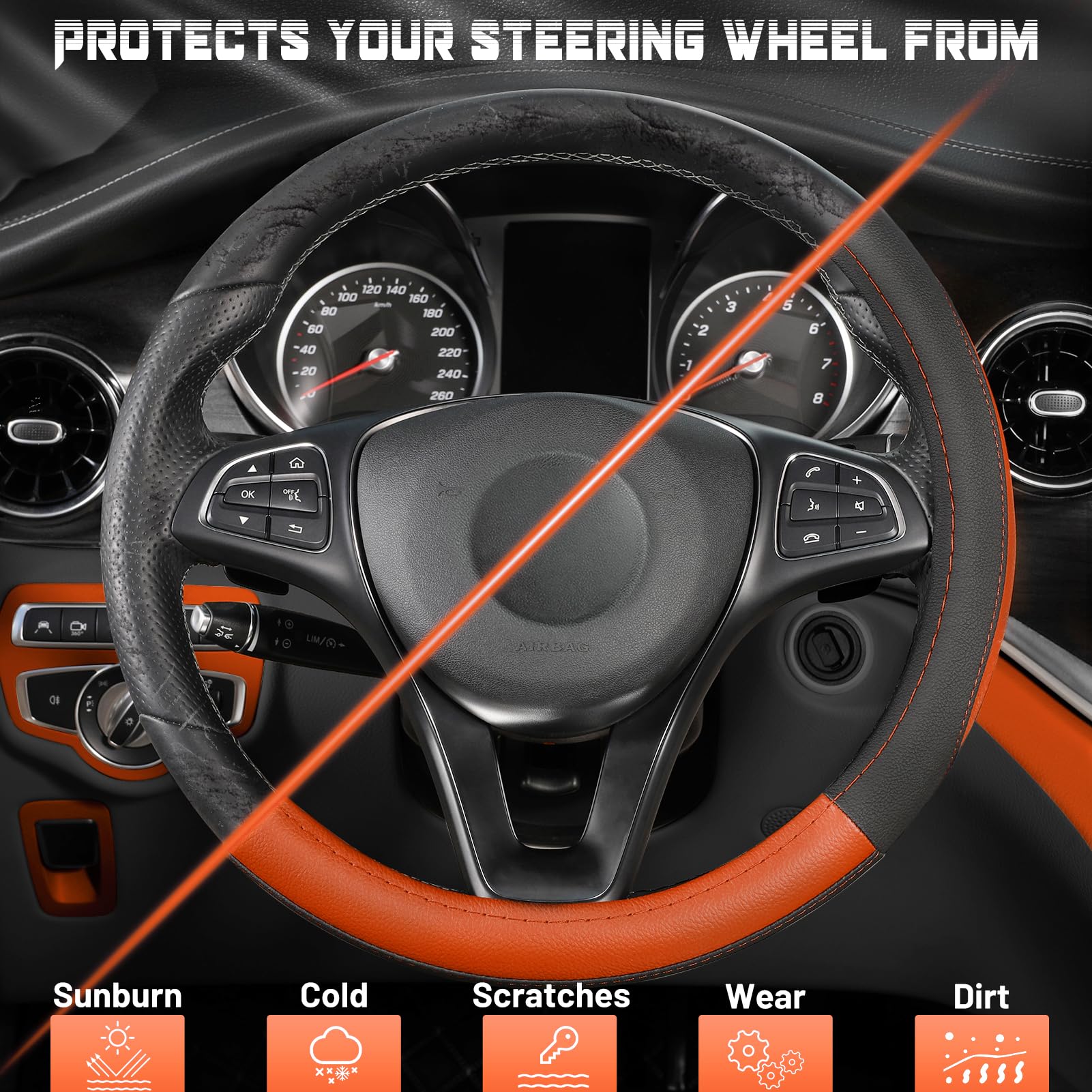 SEG Direct Steering Wheel Cover - Standard Size 14.5-15" - Black and Orange, Model AU38BONSWC3481, Auto Interior Accessory