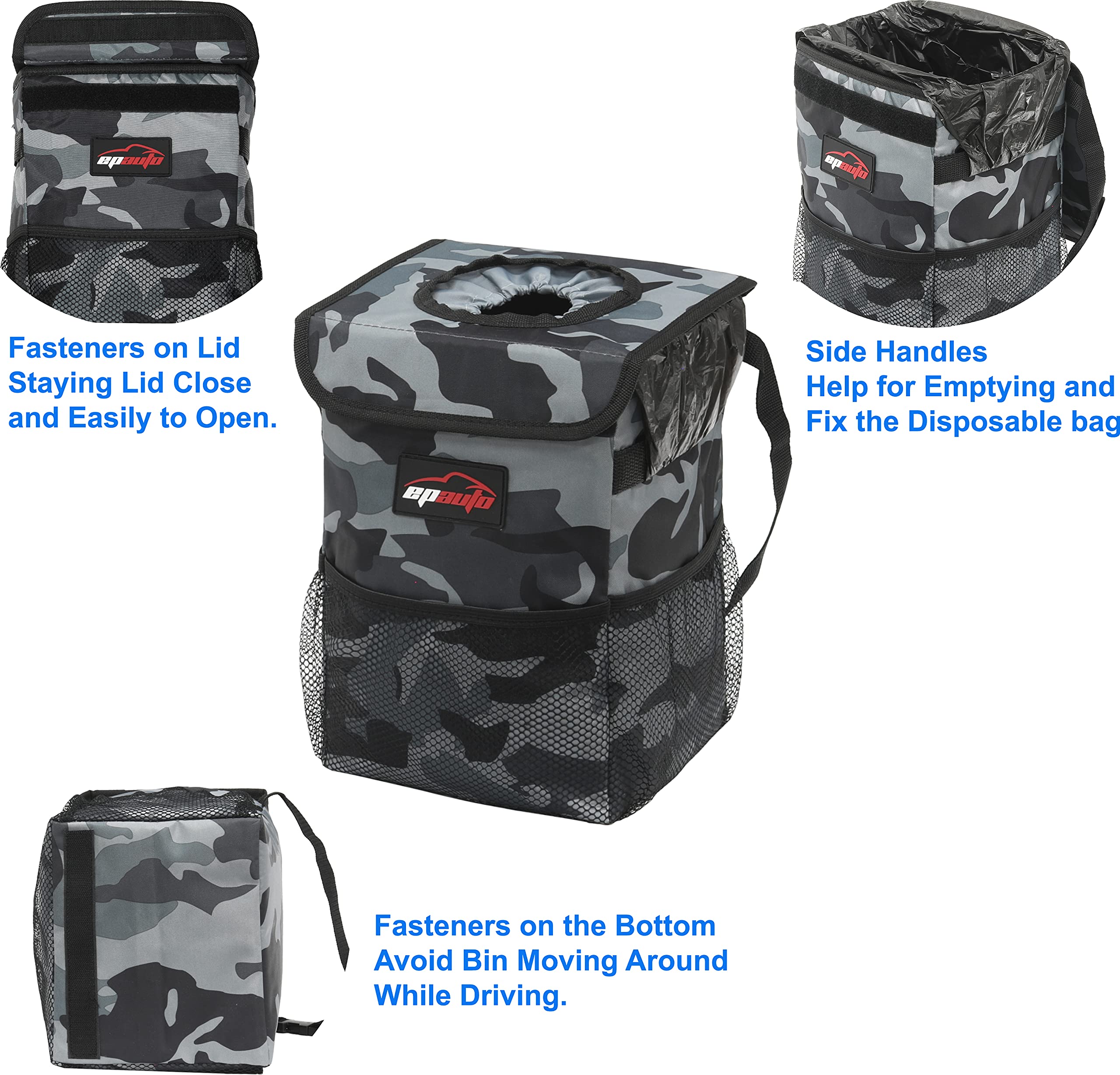 Epauto Waterproof Car Trash Can With Lid And Storage Pockets, Camouflage Grey